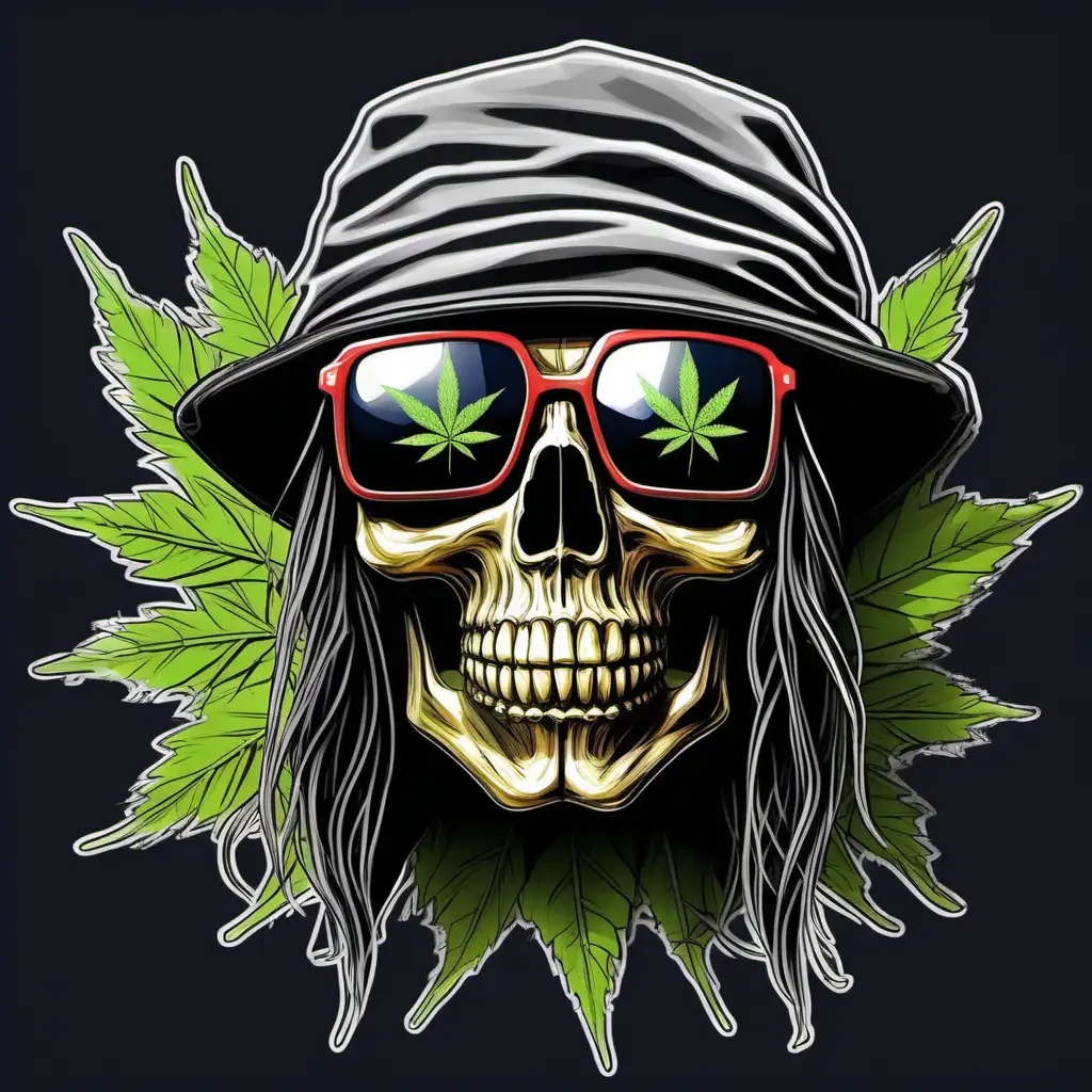 A detailed illustration a Dead Skull wearing trendy small round inspired shades , with bandana on the head with weed leaf, black rims, long hair, hippy, stoner, ,t-shirt design, t-shirt design, 3D vector art, 
cartoon effect ,Adobe Illustrator, hand-drawn, digital
painting, low-poly, soft lighting, retro aesthetic, focused on
the character, 4K resolution, photorealistic rendering, using Cinema 4D --s 750 --style raw
