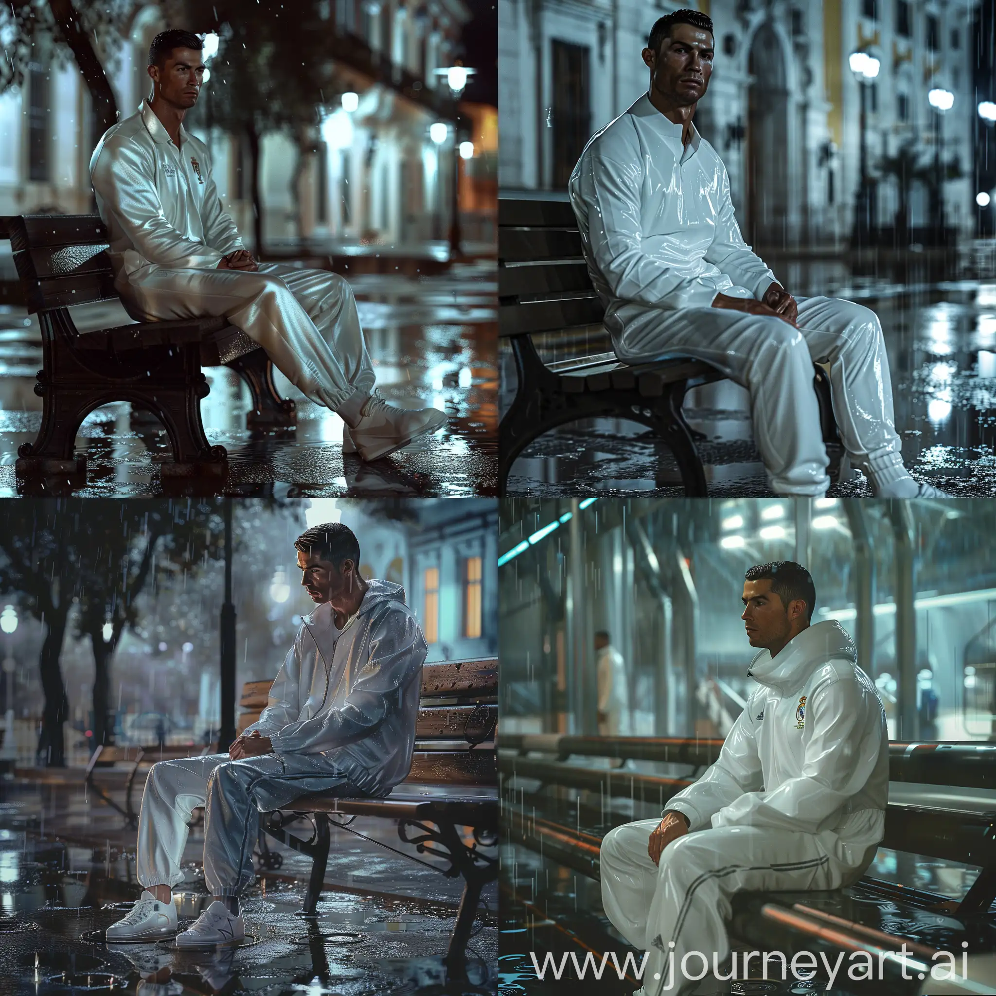 Cristiano Ronaldo is sitting on a bench in white clothes, rainy weather, puddles, 8k, ultra realistic, super detail, night time, hdr