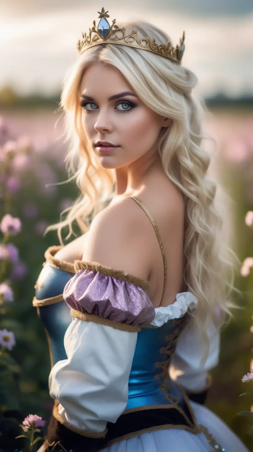 Beautiful Nordic woman, very attractive face, detailed eyes, big breasts, dark eye shadow, messy blonde hair, wearing a princess cosplay outfit, bokeh background, soft light on face, rim lighting, facing away from camera, looking back over her shoulder, standing in a flower field, photorealistic, very high detail, extra wide photo, full body photo, aerial photo