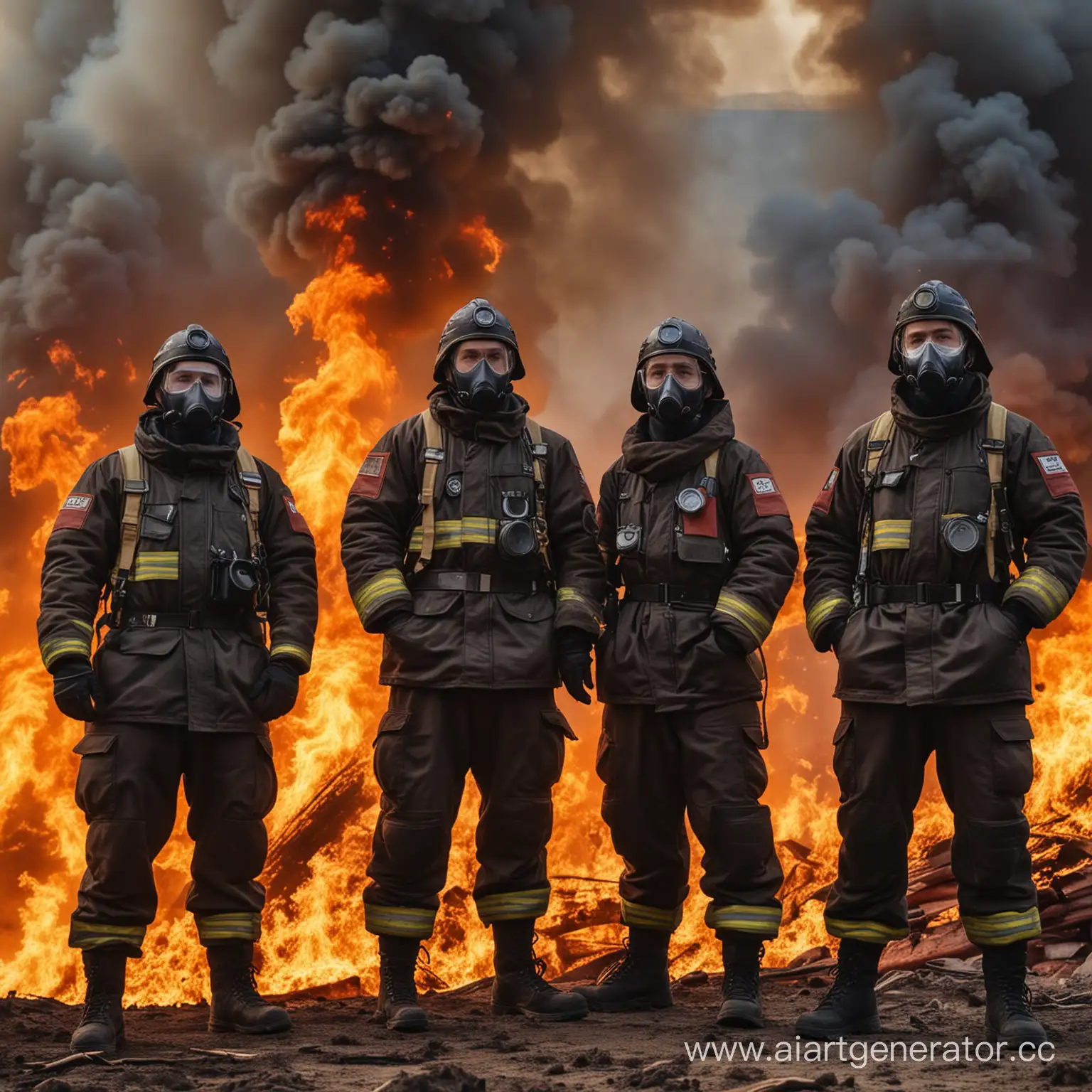 Стоит звено ГДЗС в дыхательных масках из Российских пожарных в крутой позе, на фоне пожар и большой вектор вверх из огня, все эпично