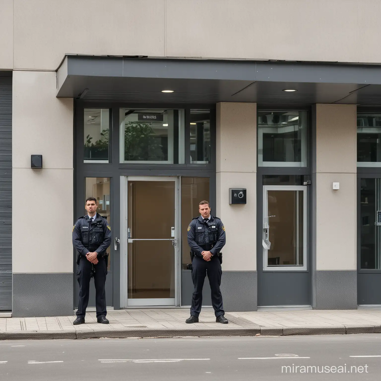 a small office building secured with security guards outside