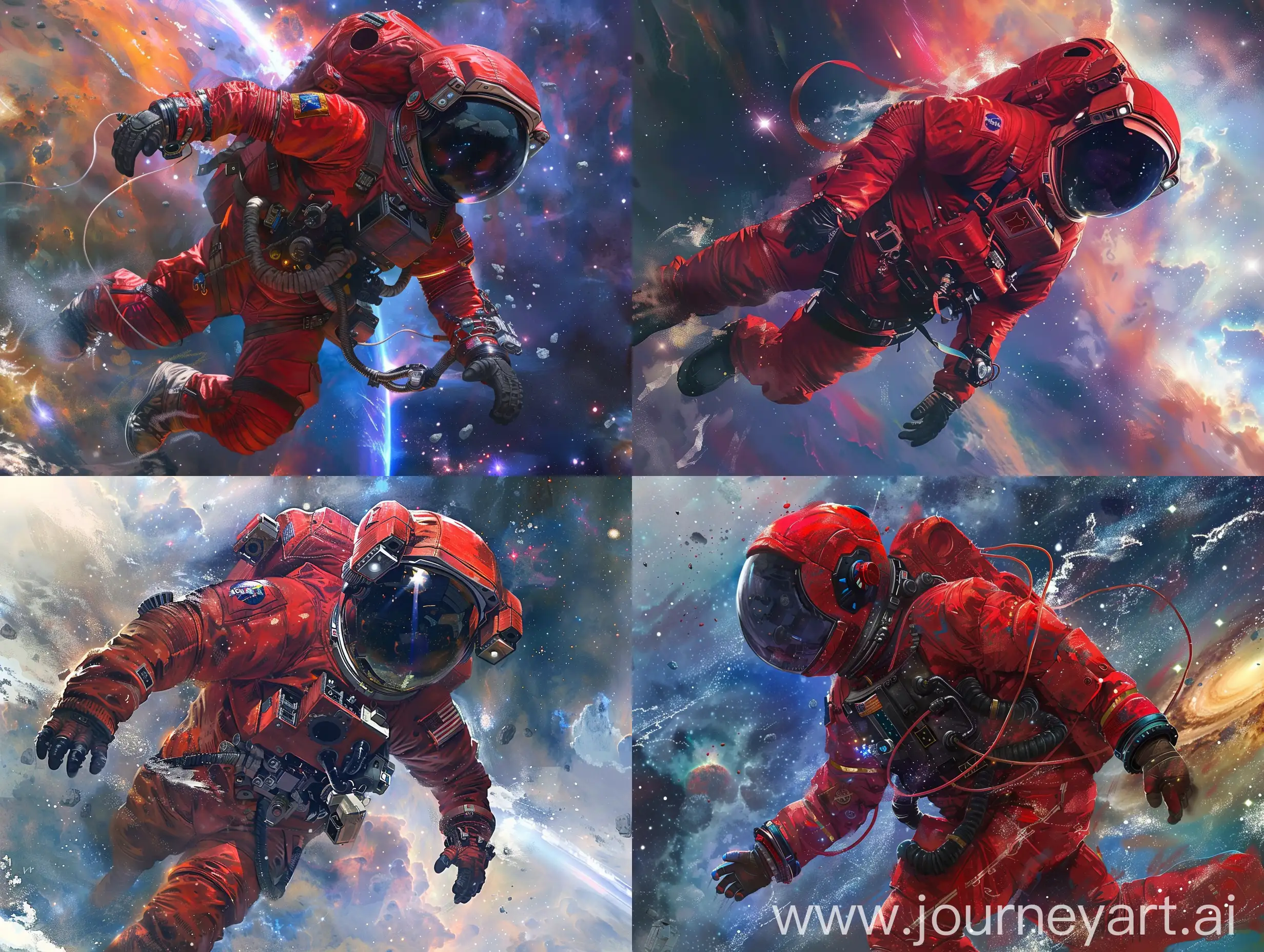 Create concept art depicting an astronaut clad in a striking red astro suit, equipped with advanced high-tech gear, navigating the vast expanse of space. The astronaut should exude a sense of exploration and curiosity as they venture into the unknown reaches of the cosmos. Incorporate elements such as distant galaxies, nebulae, and celestial bodies to emphasize the vastness and wonder of outer space. Capture the essence of discovery and adventure as the astronaut boldly explores uncharted territories beyond the reaches of Earth.