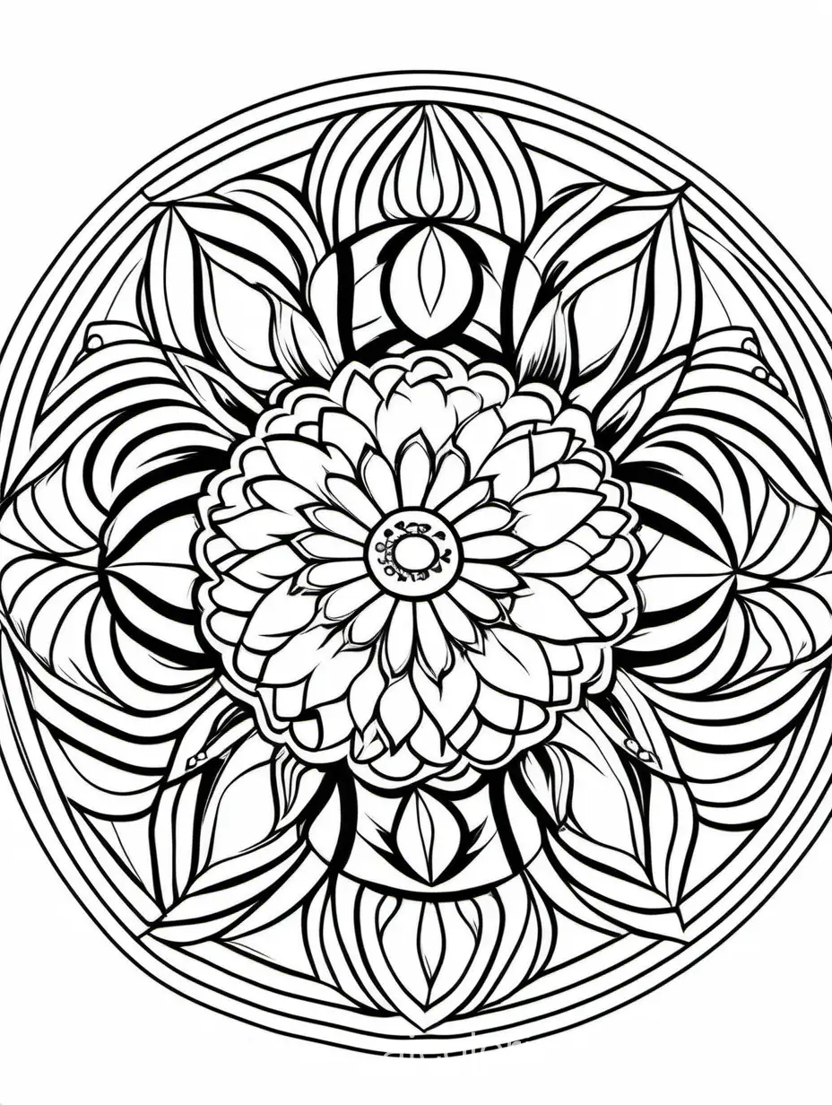 flowers mandala for adults
, Coloring Page, black and white, line art, white background, Simplicity, Ample White Space. The background of the coloring page is plain white to make it easy for young children to color within the lines. The outlines of all the subjects are easy to distinguish, making it simple for kids to color without too much difficulty