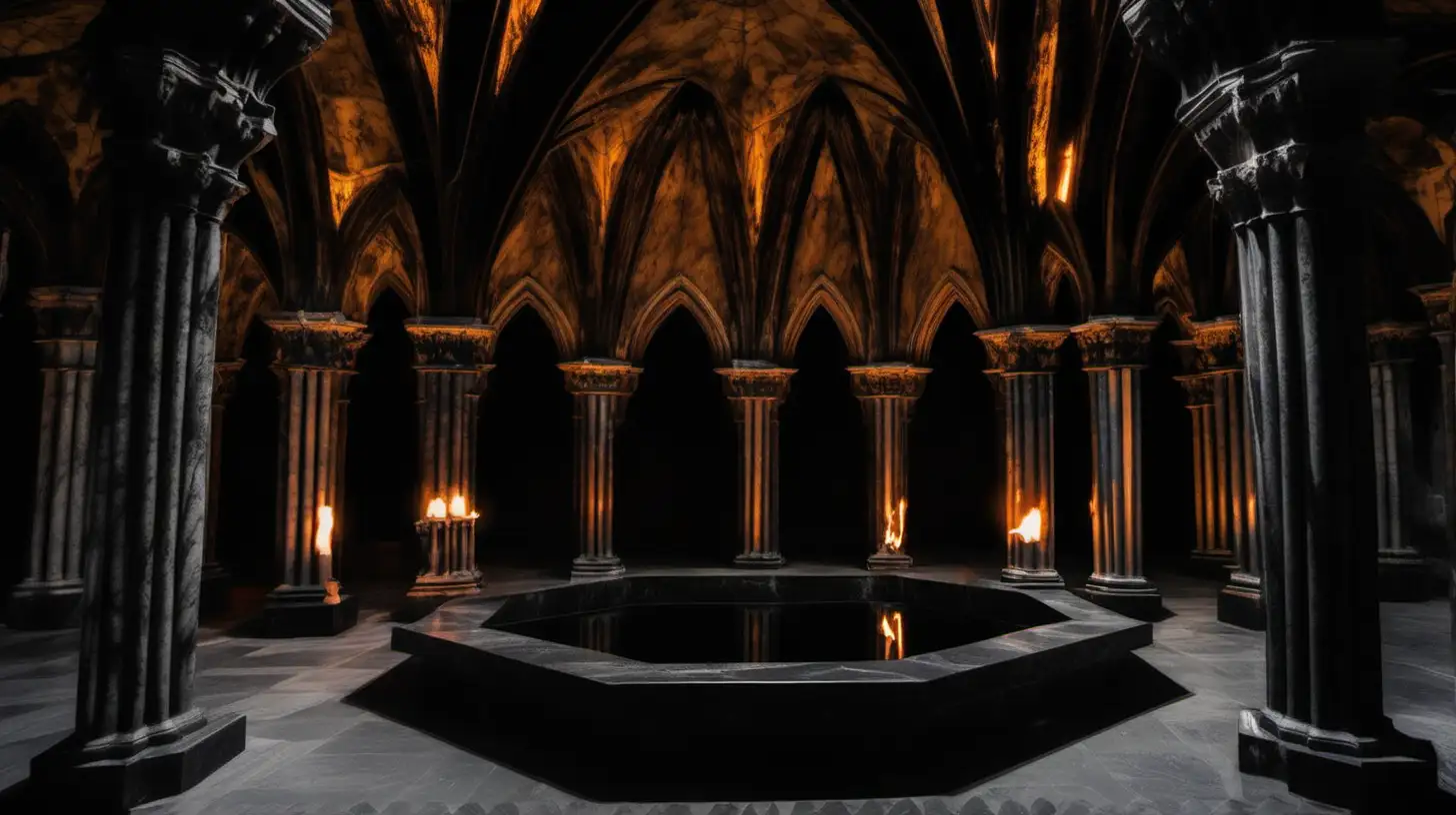 inside a hexagonal gothic crypt made of black marble, lit by torches.