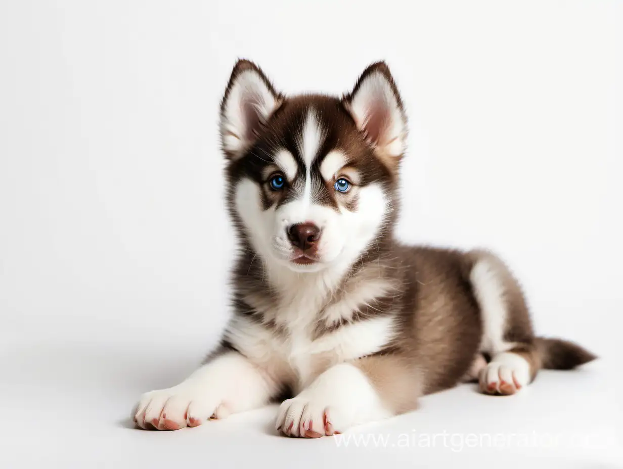 Cute puppy in full growth. Husky. Brown wool. White background