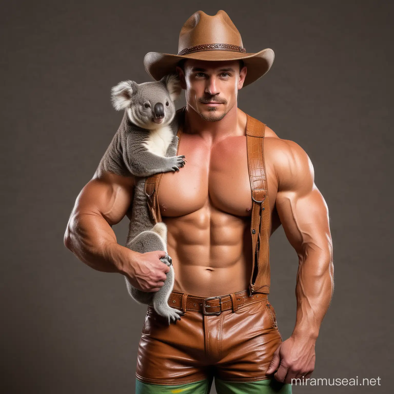 Very Beefy Muscled IFBB Professional Topless Bodybuilder just wearing unbuttoned brown leather Vest genuine crocodile skin Rainbow coloured Shorts authentic Akubra hat holding up Cute Small Koala
