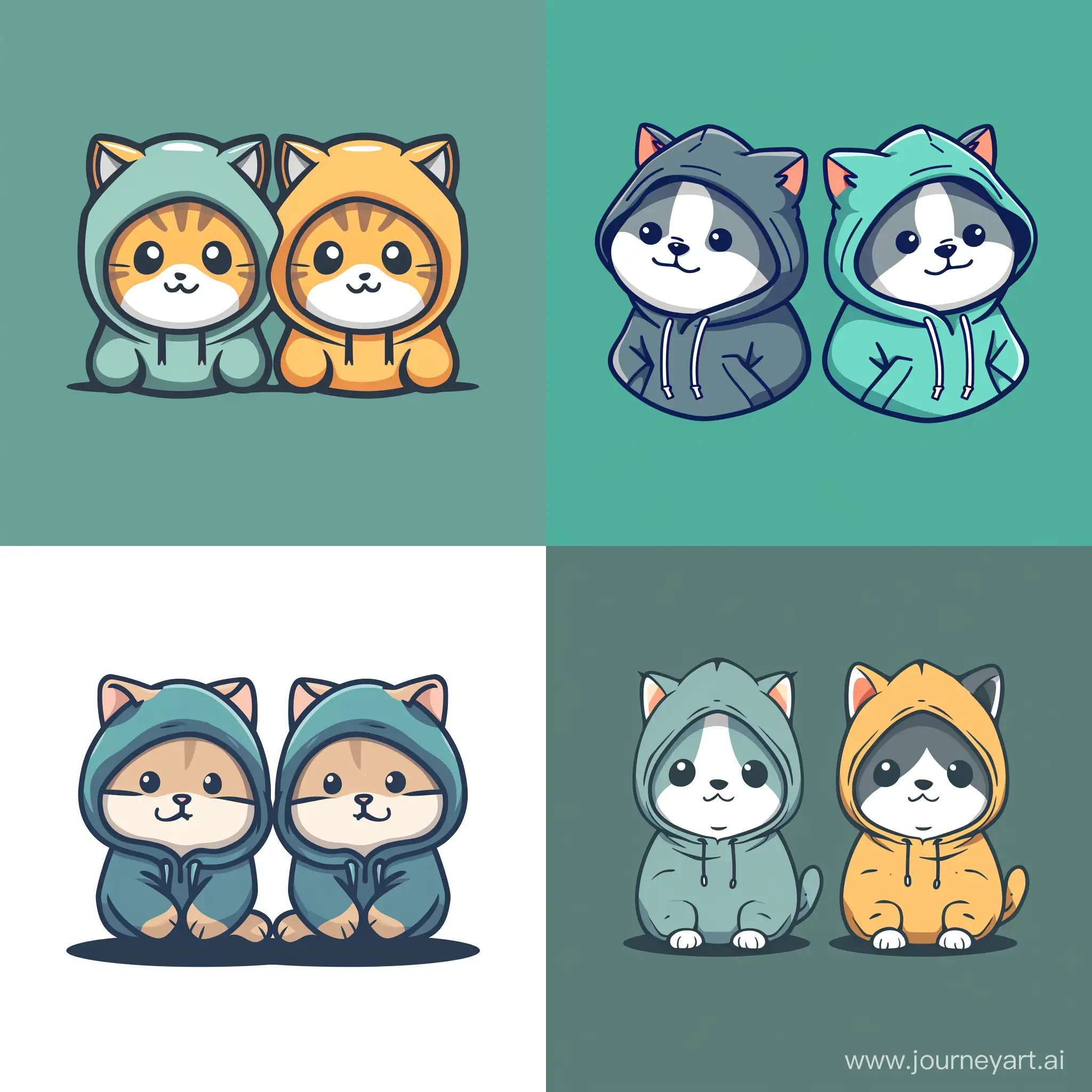 Minimalistic cartoon logo two cute cats wearing hoodies, in the style of minimalism, adorable, modern, simple, charming.