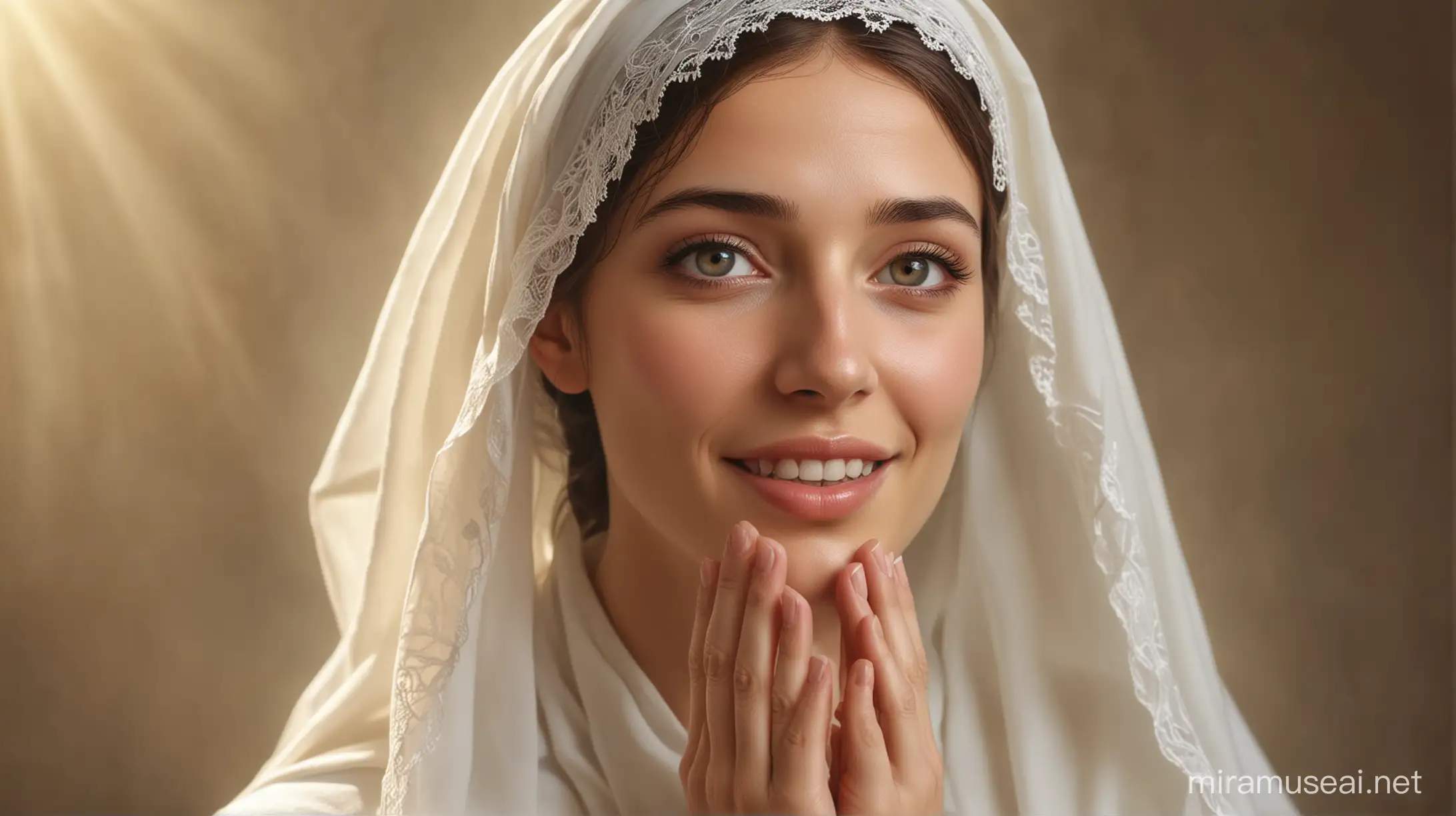 realistic image, Mary mother of Jesus Christ, young woman in clothes characteristic of the time, with a veil covering her head, very beautiful, angelic eyes, a slight smile on her face showing joy, with her hands together showing faith, in a heavenly environment of Gerusalem before of Christ