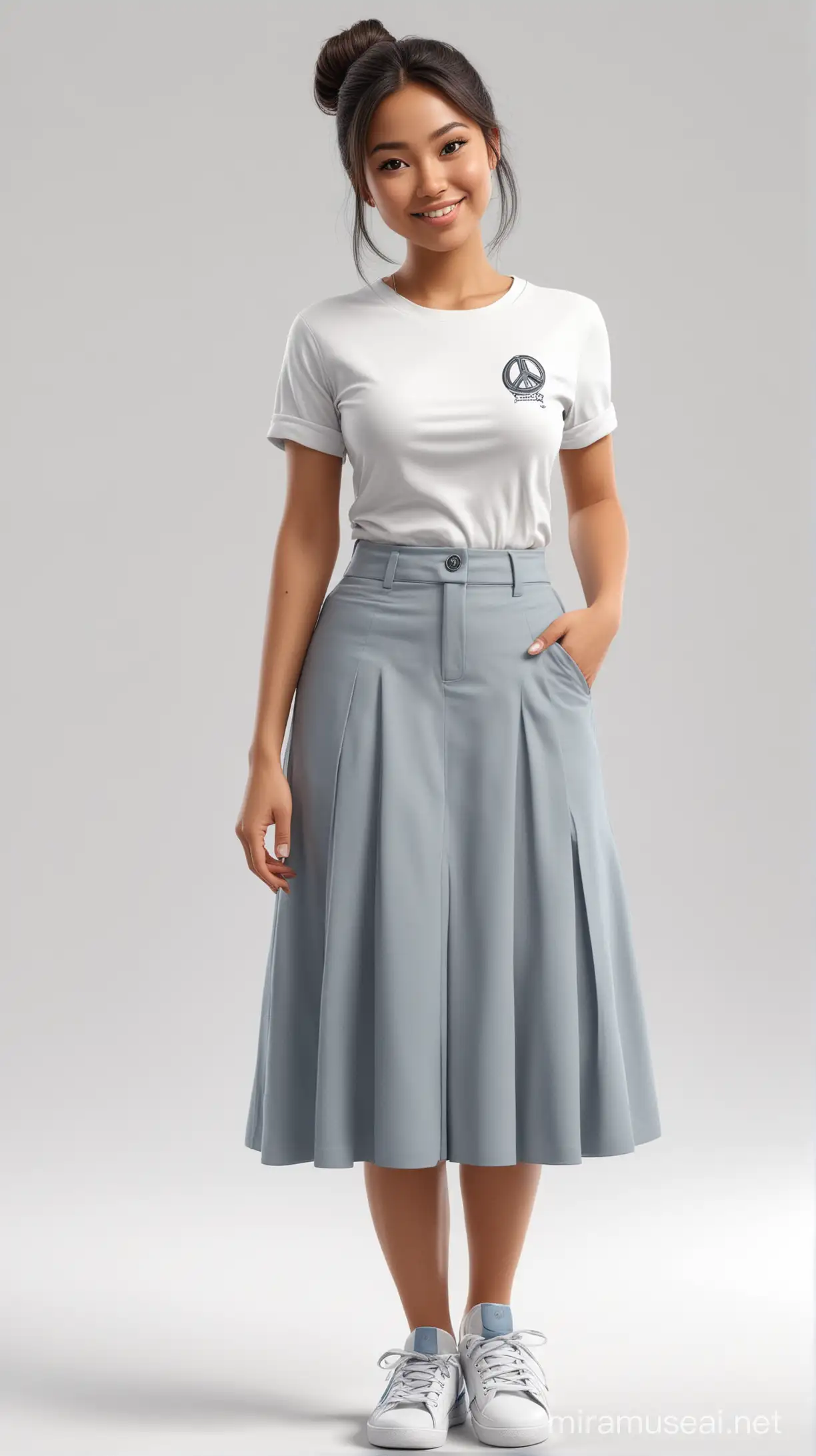 Indonesian Woman Holding Peace Symbol in White Pocket Shirt and Gray Skirt