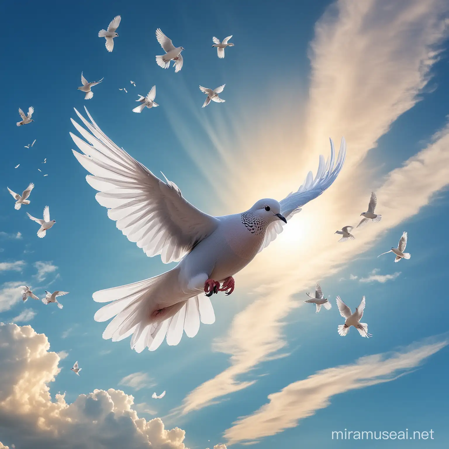 Uplifting Melodies Bright Doves Soaring in Azure Skies