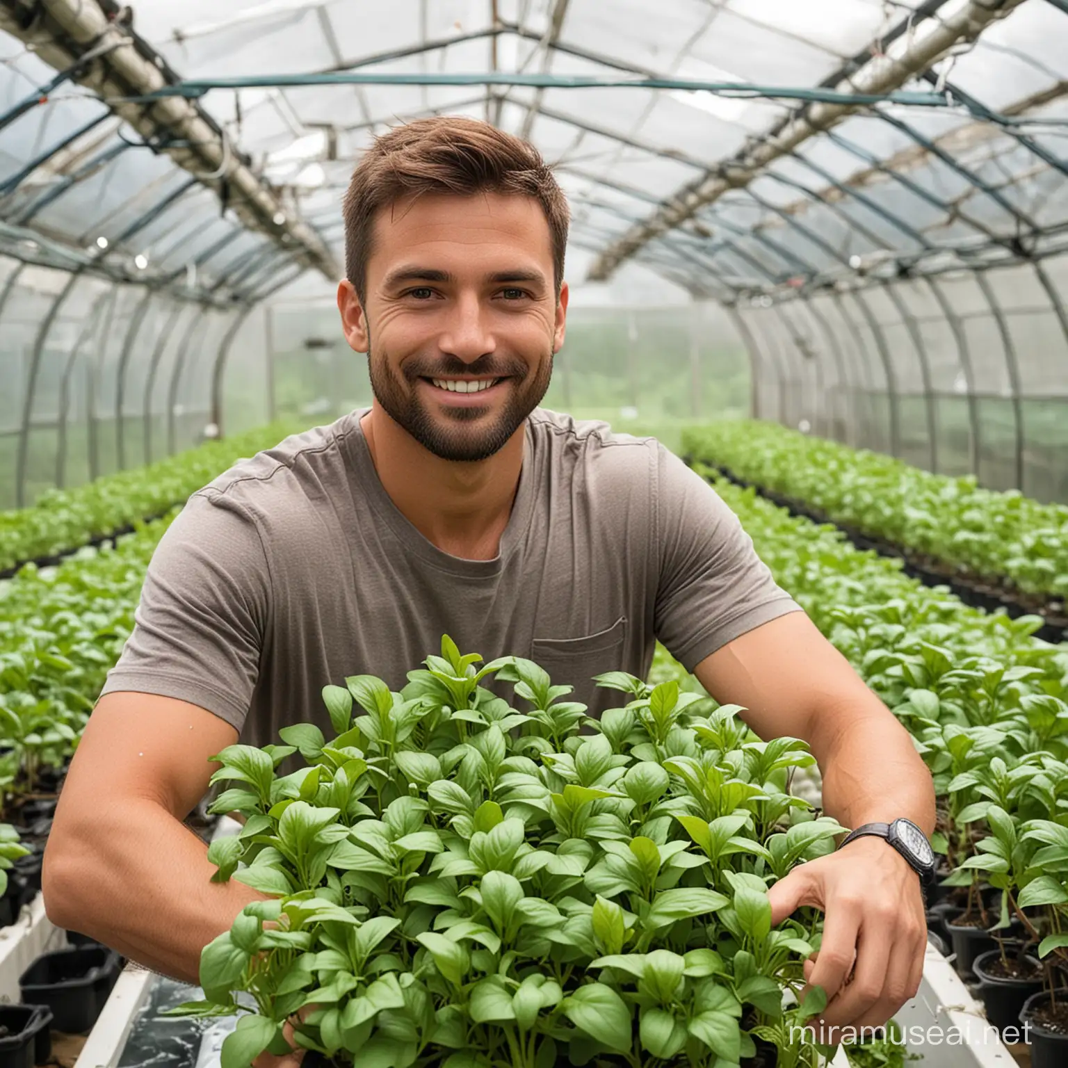 a handsome man with aquaponic setup behind him and holding basil plants