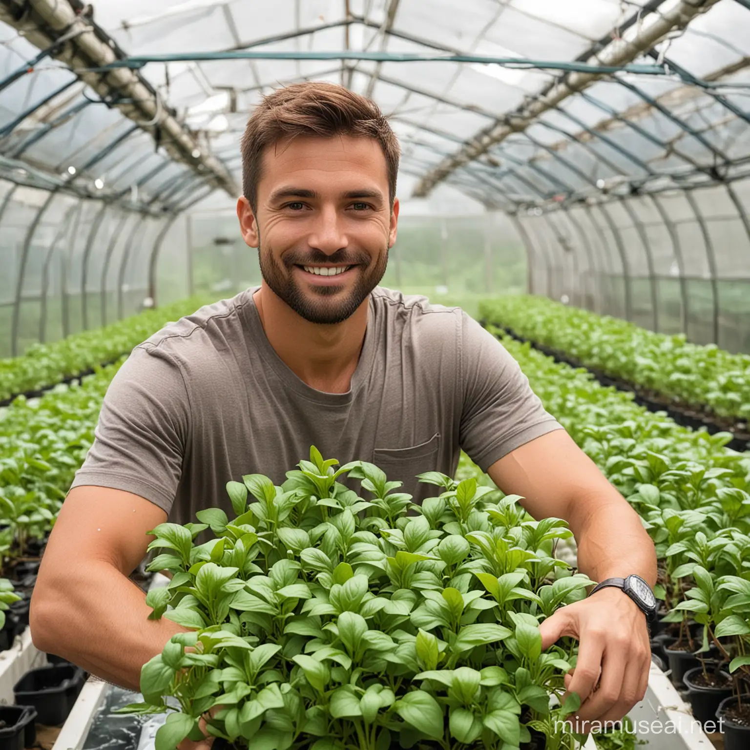 Stylish Man with Aquaponic Basil Plants