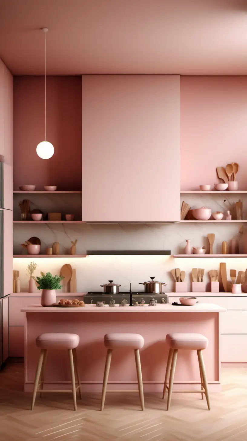 Generate a digital mock-up for a culinary haven for a home chef. Showcase modern kitchen and a frame on a pretty wall, evoking a feminine cooking space, illuminated by the gentle morning light.