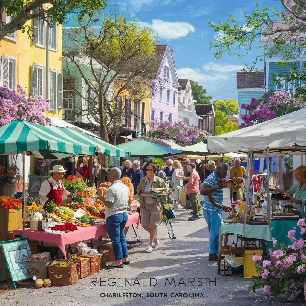 Create an image that captures a bustling outdoor market on a Spring day in Charleston, South Carolina, in the style of Reginald Marsh. The scene is alive with vibrant colors and bustling activity. The setting is a historic street lined with Charleston's well-known pastel-colored houses and blooming azaleas. The market is crowded with vendors selling a variety of goods—fresh produce, flowers, handmade crafts, and local art. Shoppers navigate the stalls, examining items, and interacting with the vendors. The atmosphere is lively and cheerful, with the sounds of conversation, laughter, and perhaps a street musician playing in the background adding to the ambiance. The sky is a clear blue, with just a few fluffy clouds, and the sun casts soft shadows, enhancing the depth and texture of the scene. Reginald Marsh's signature style—dynamic composition, emphasis on the figure, and a sense of movement—brings this outdoor market scene to life, capturing the essence of a vibrant community gathering on a beautiful Spring day in Charleston.