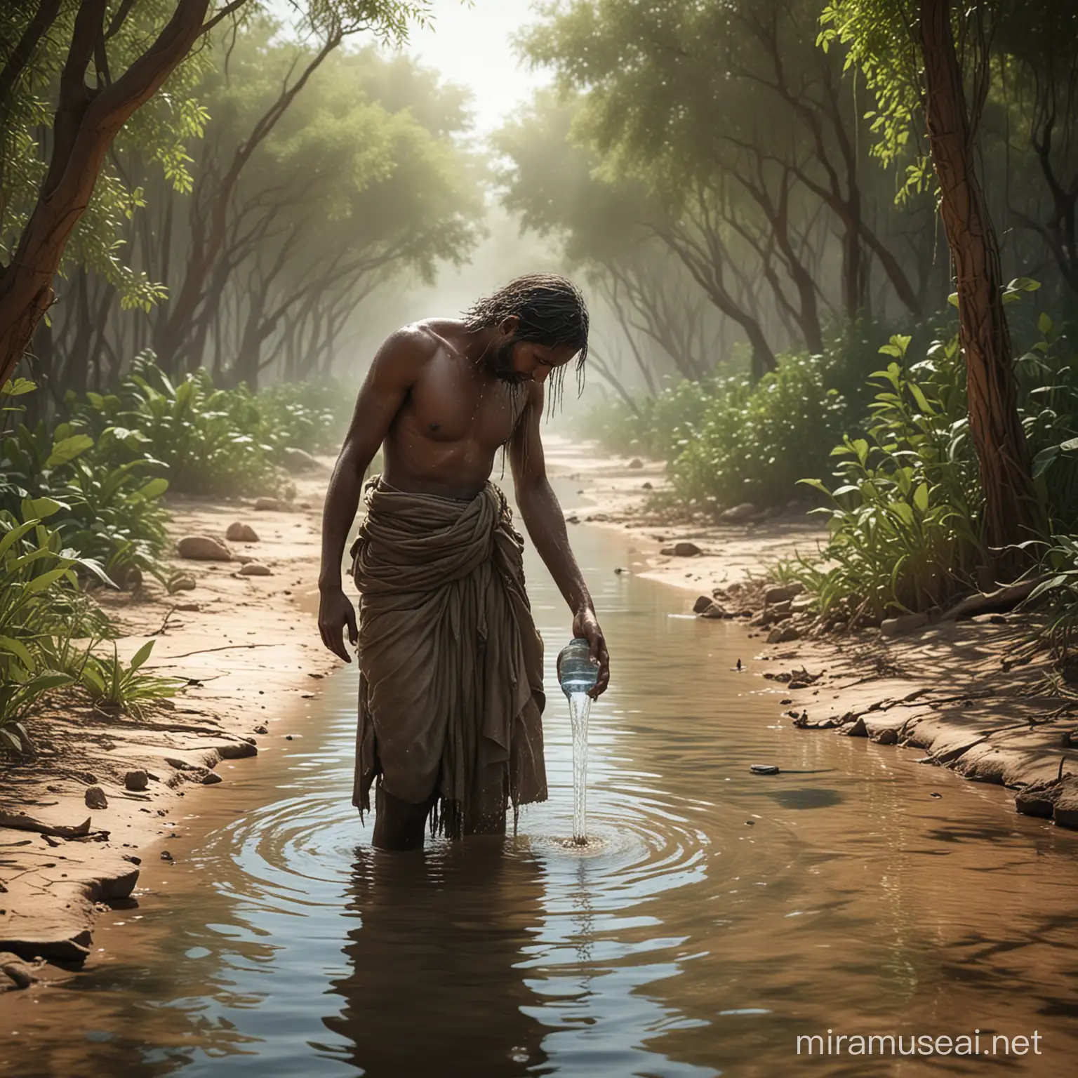 Create an AI-generated image depicting a parched, desperate figure visibly thirsty, hydrated individual amidst lush greenery, symbolizing the promise of guaranteed access to pure water for all. The scene should evoke a powerful narrative of overcoming adversity and the transformative impact of ensuring water security for everyone.