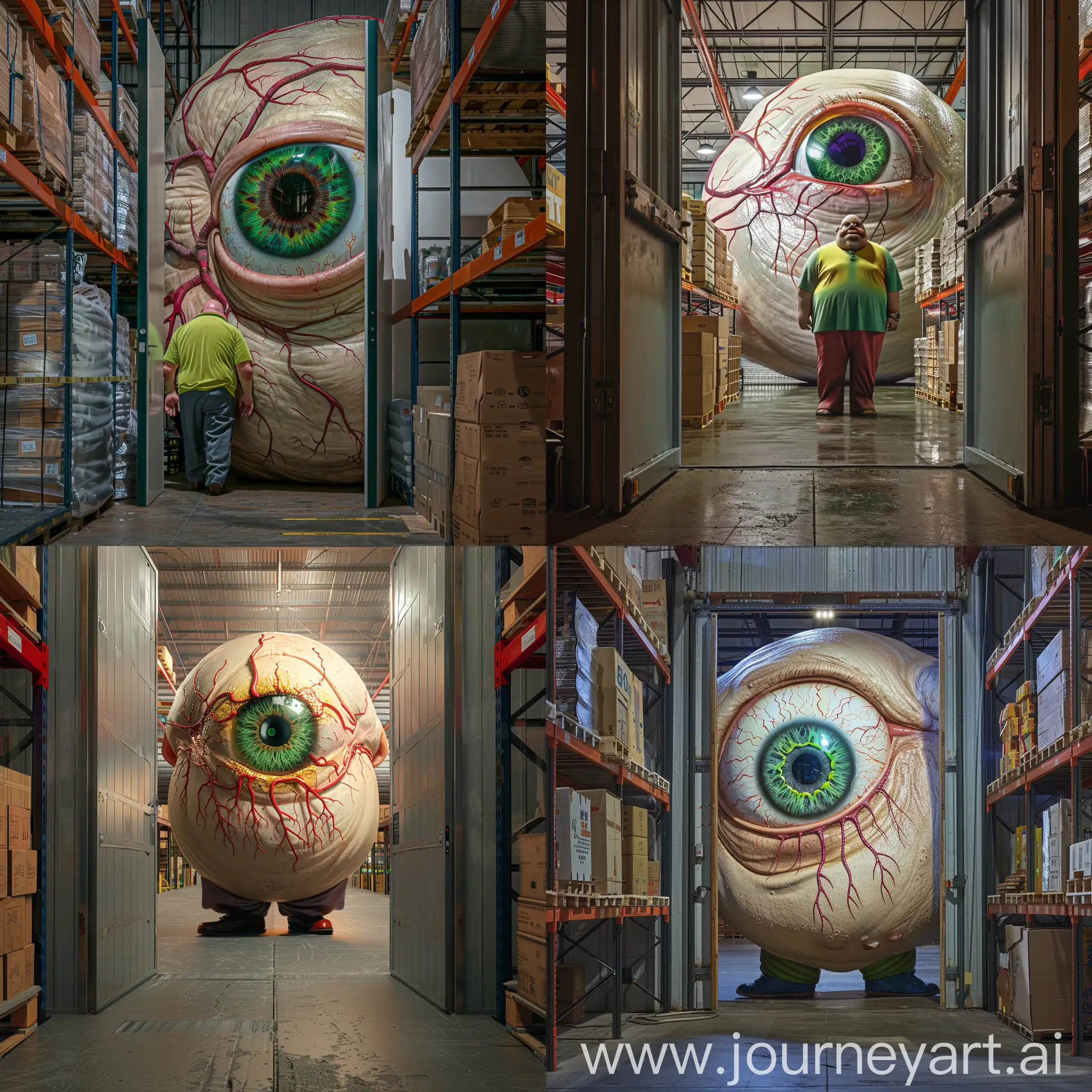 doors from the warehouse to the food court, in the doorway there is a fat man, a colored shirt, instead of a head, a large eye, with veins and arteries, a green pupil, hyper-realism, 8K image quality, ultra detail