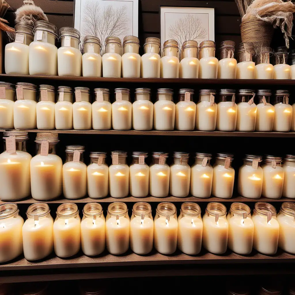 Table with large jars of candles and wax melts for sale at an indoor flea market