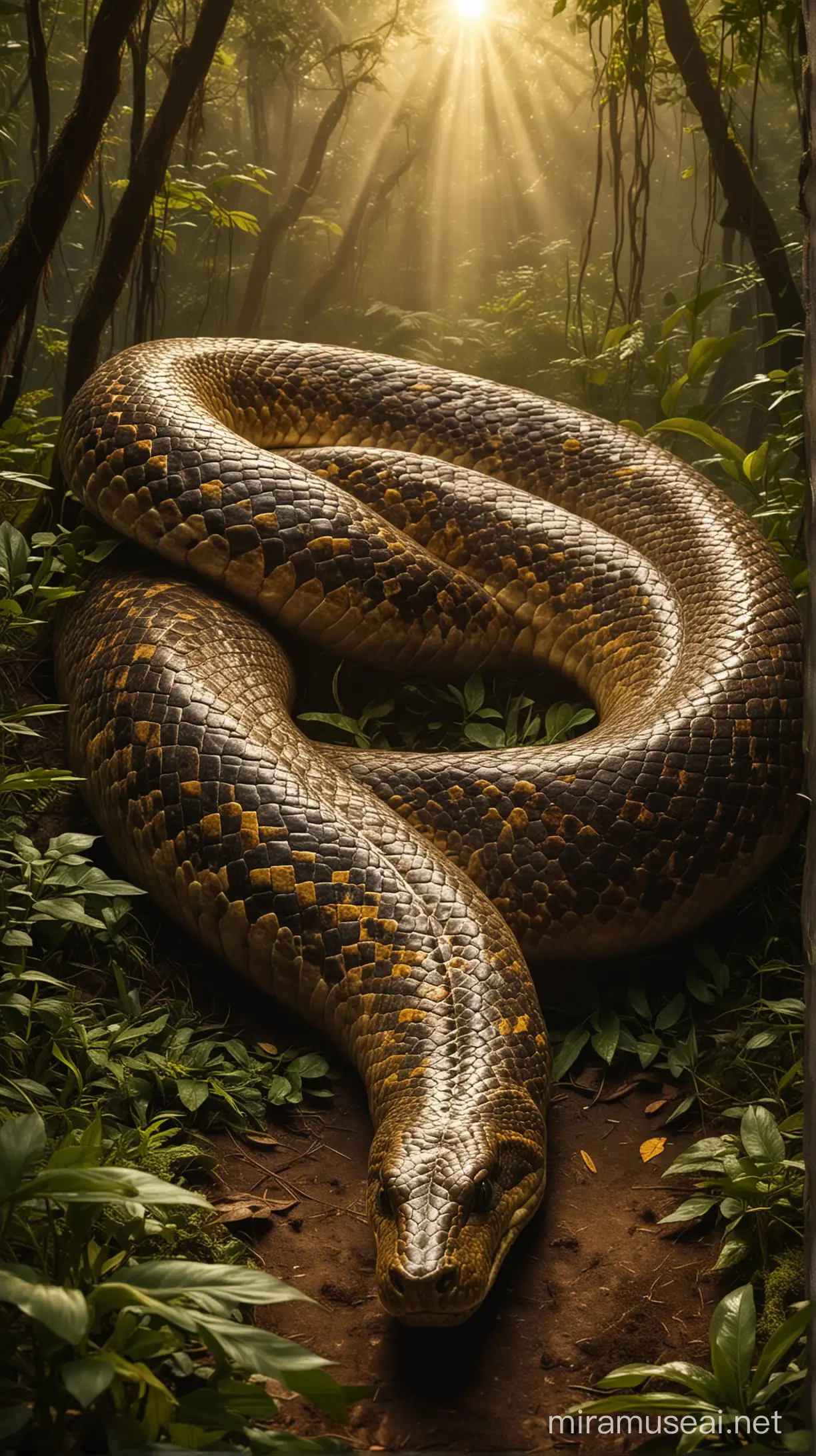 Titanoboa Majestic Serpent Coiled in Golden Rainforest Light