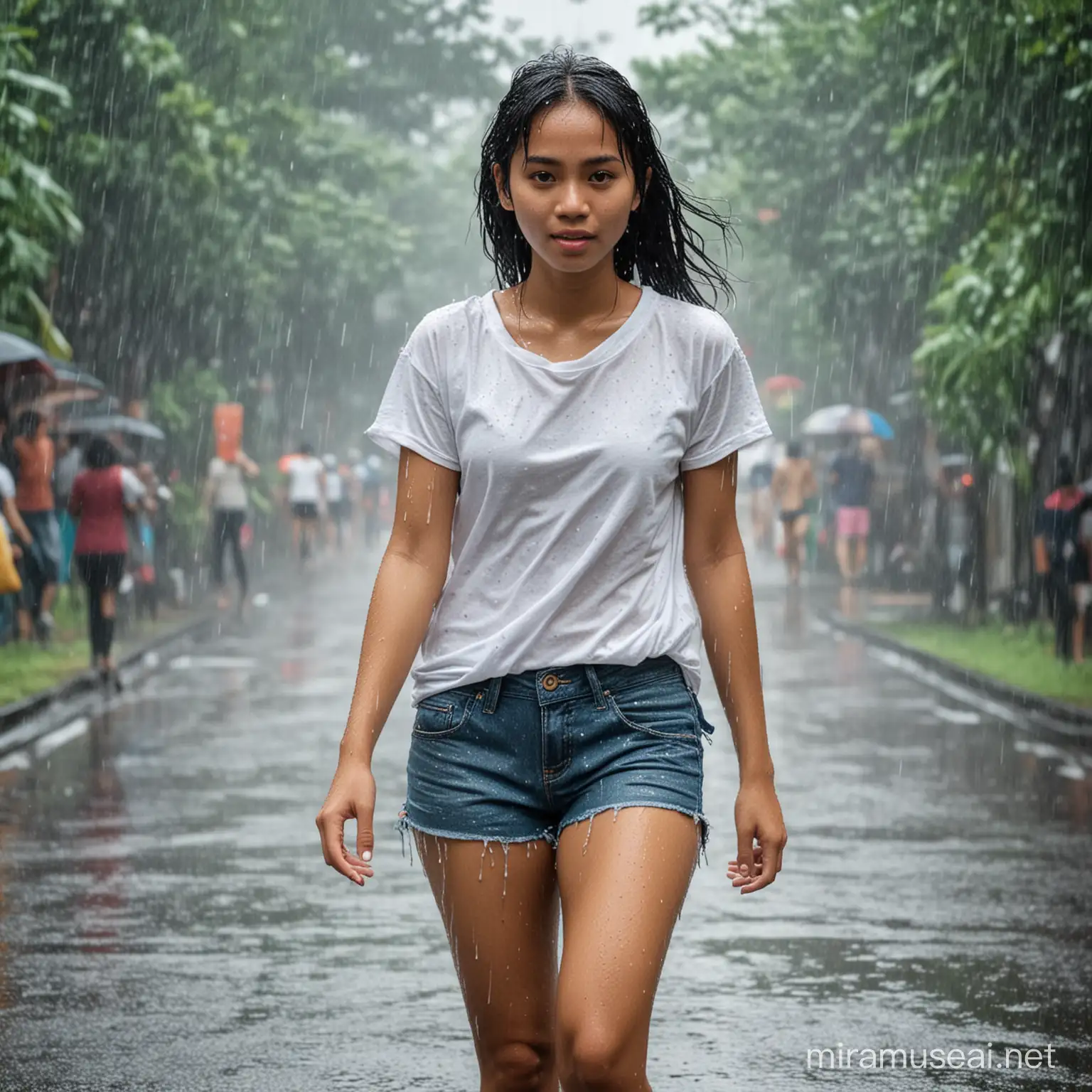 Wanita muda indonesia menggunakan kaos putih celana pendek di tengah hujan dan seluruh tubuh basah