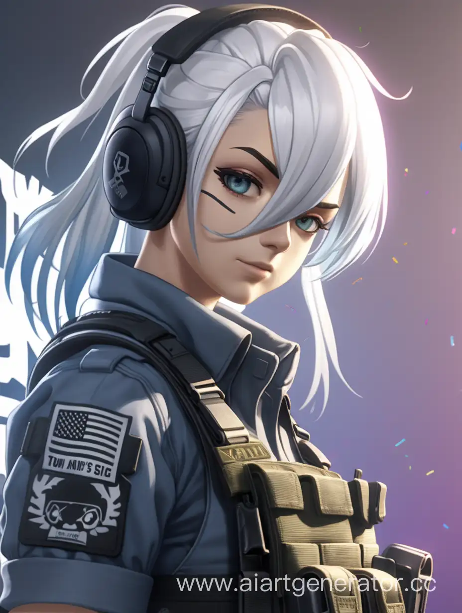 Аниме девушка с белыми волосами; пародия на оперативника в действии из игры " Tom Clancy's Rainbow Six Siege"; 