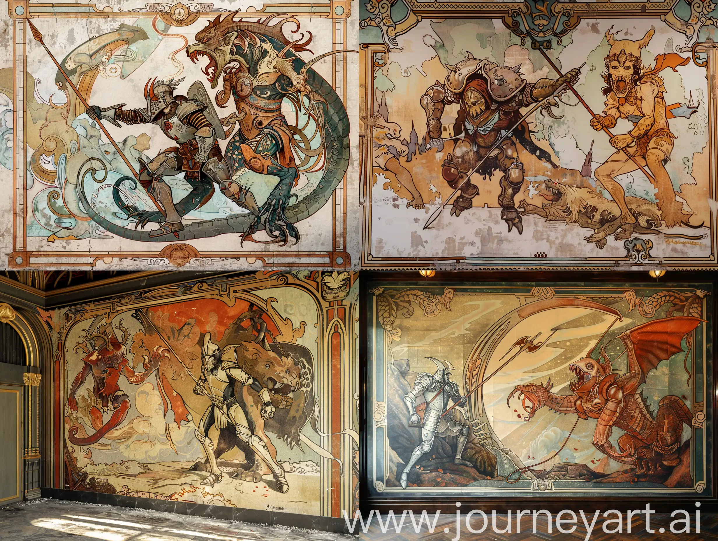 a mural on the wall depicting a battle scene of a warrior in armor with a spear against a two-headed scary monster. the mural on the wall. art nouveau style, Alphonse mucha style. fight, texture 8k.