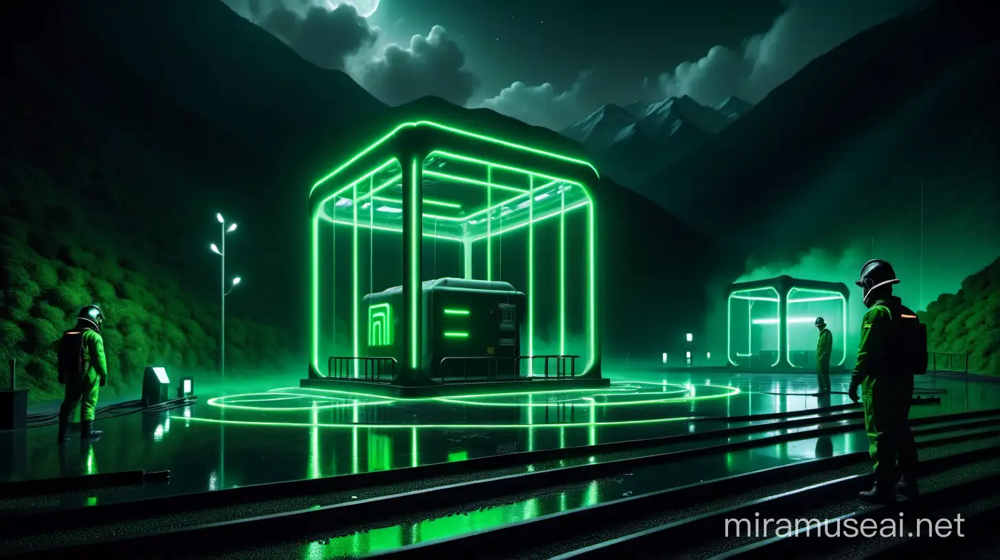 Cinematic Night Scene Realistic Research Center in Rain with Green Neon Lights