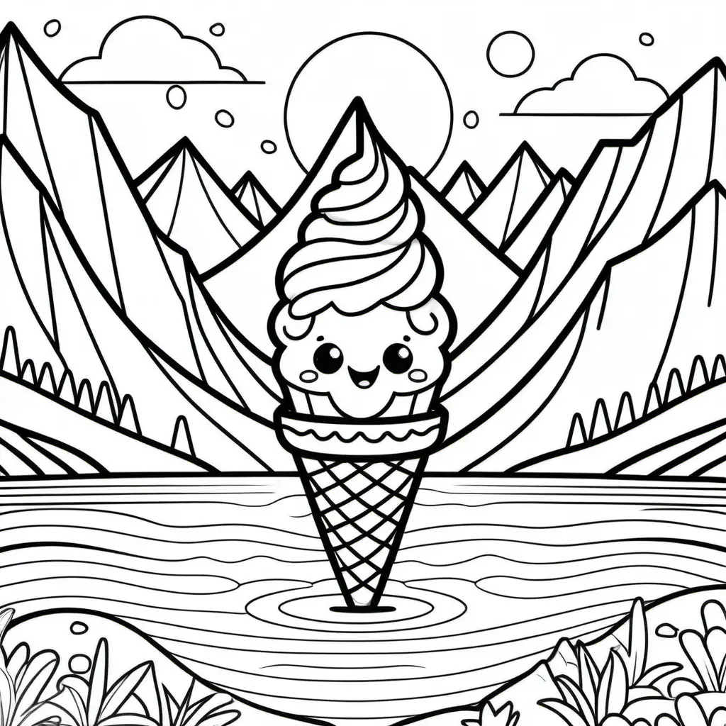 Black and white full page coloring page for kids, cute Jolly the Icecream, cone body,  Jolly the icecream sailing on a serene lake surrounded by mountains, full page, no borders, simple, shapes with black lines, printable outlined art, thin lines, no shades, crisp lines --style 4b --v4-, white background