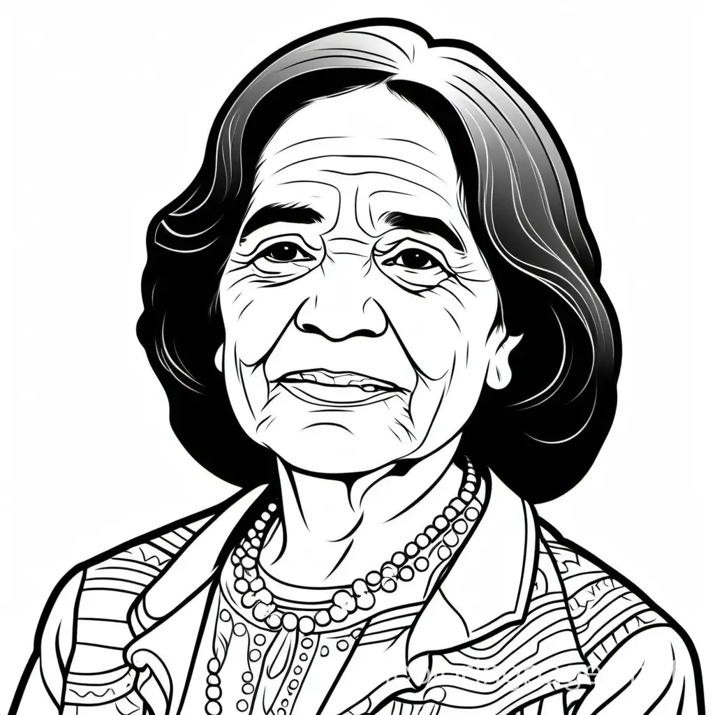 Dolores Huerta , Coloring Page, black and white, line art, white background, Simplicity, Ample White Space. The background of the coloring page is plain white to make it easy for young children to color within the lines. The outlines of all the subjects are easy to distinguish, making it simple for kids to color without too much difficulty
