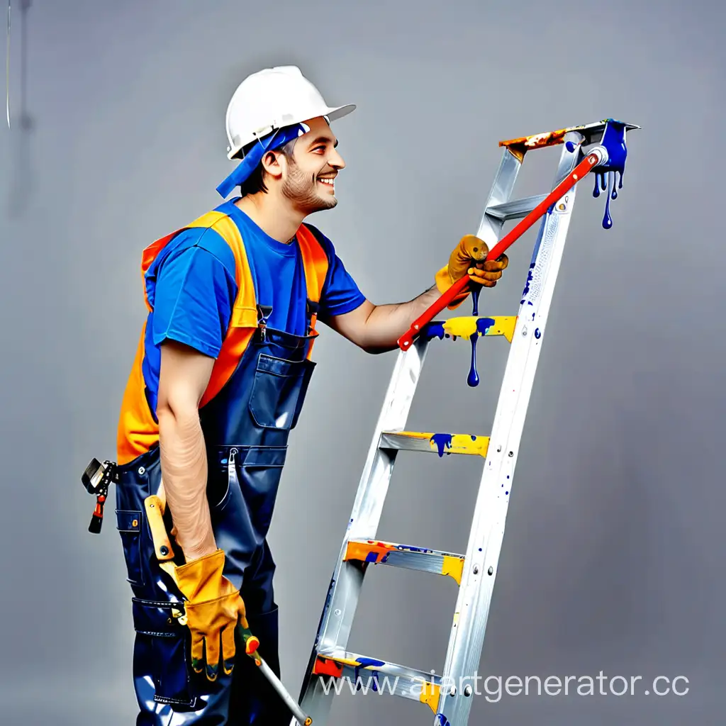 Smiling-Construction-Worker-on-Aluminum-Ladder-Painting-with-Dripping-Roller