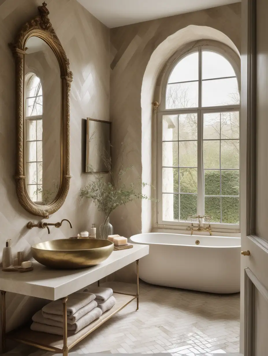 organic neutral bathroom with veined solid stone hanging basin, handmade porcelain tiles, natural herringbone tile floor, ornate aged brass mirror, French window and natural solid soap, artistic angled view