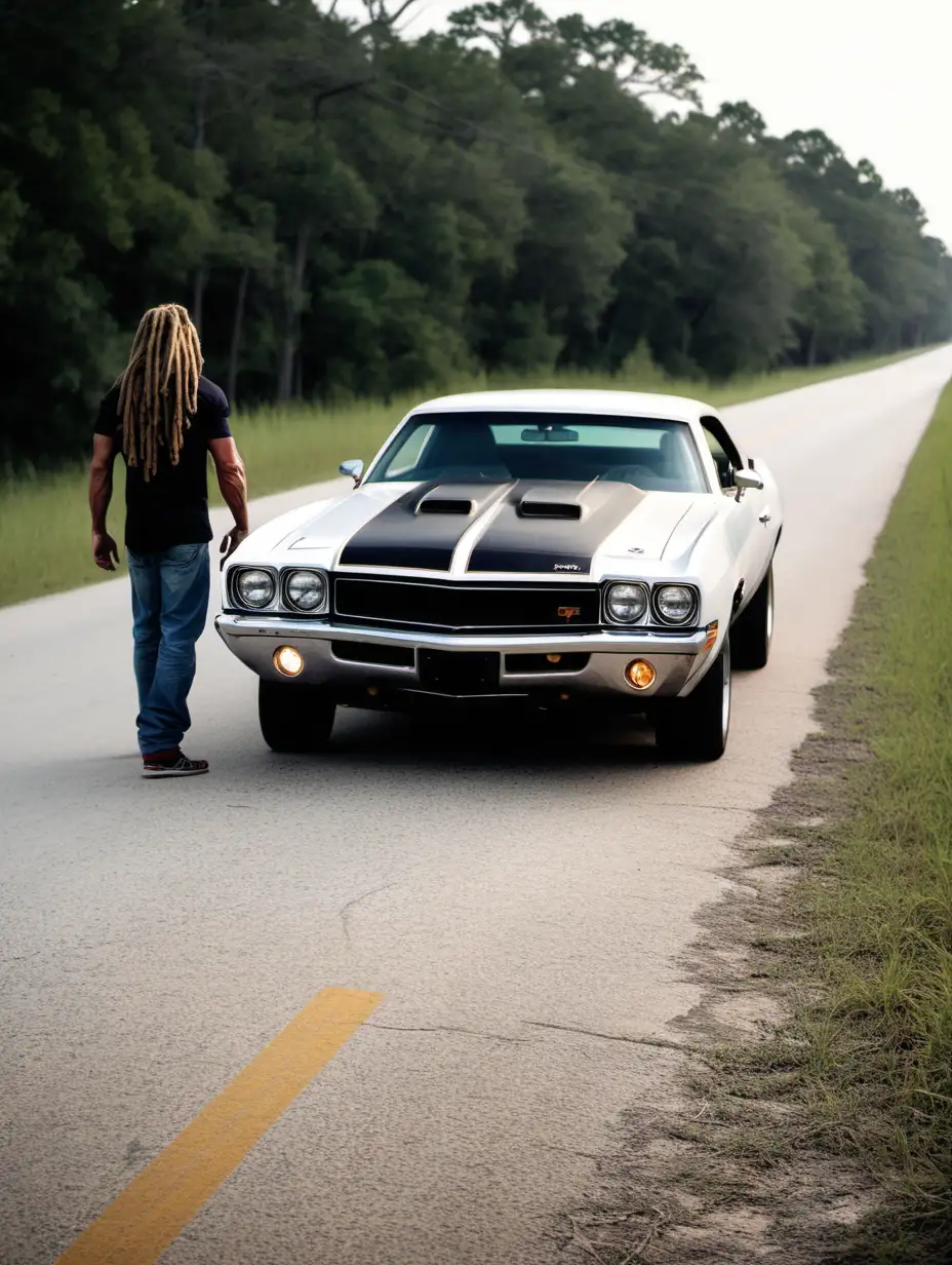 the back roads of Louisiana with a muscle car parked on the side of the road with the hood up and a white guy with dreads looking at it.