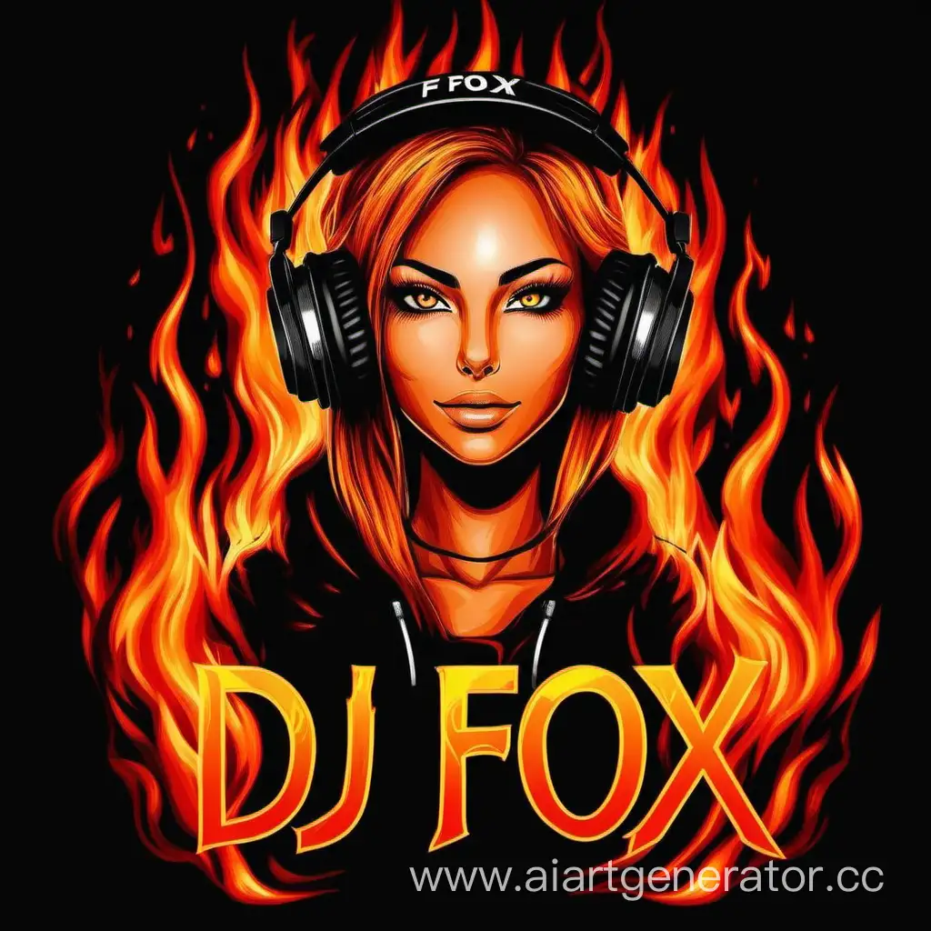 DJ девушка-лиса портрет в огне, с нотами на черном фоне.логотип