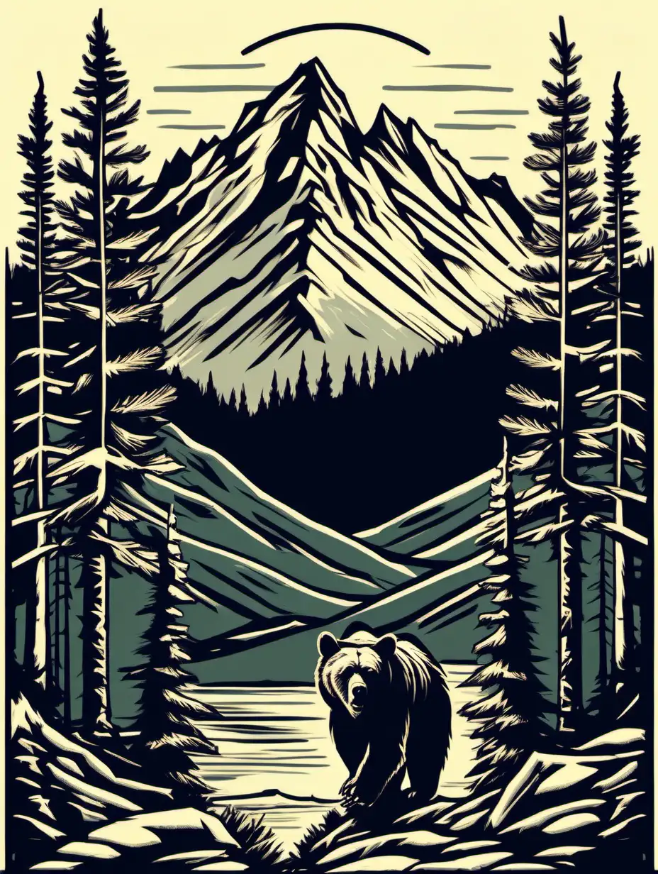 Majestic Mountain Peaks and Pine Trees with Grizzly Bear in Three Colors