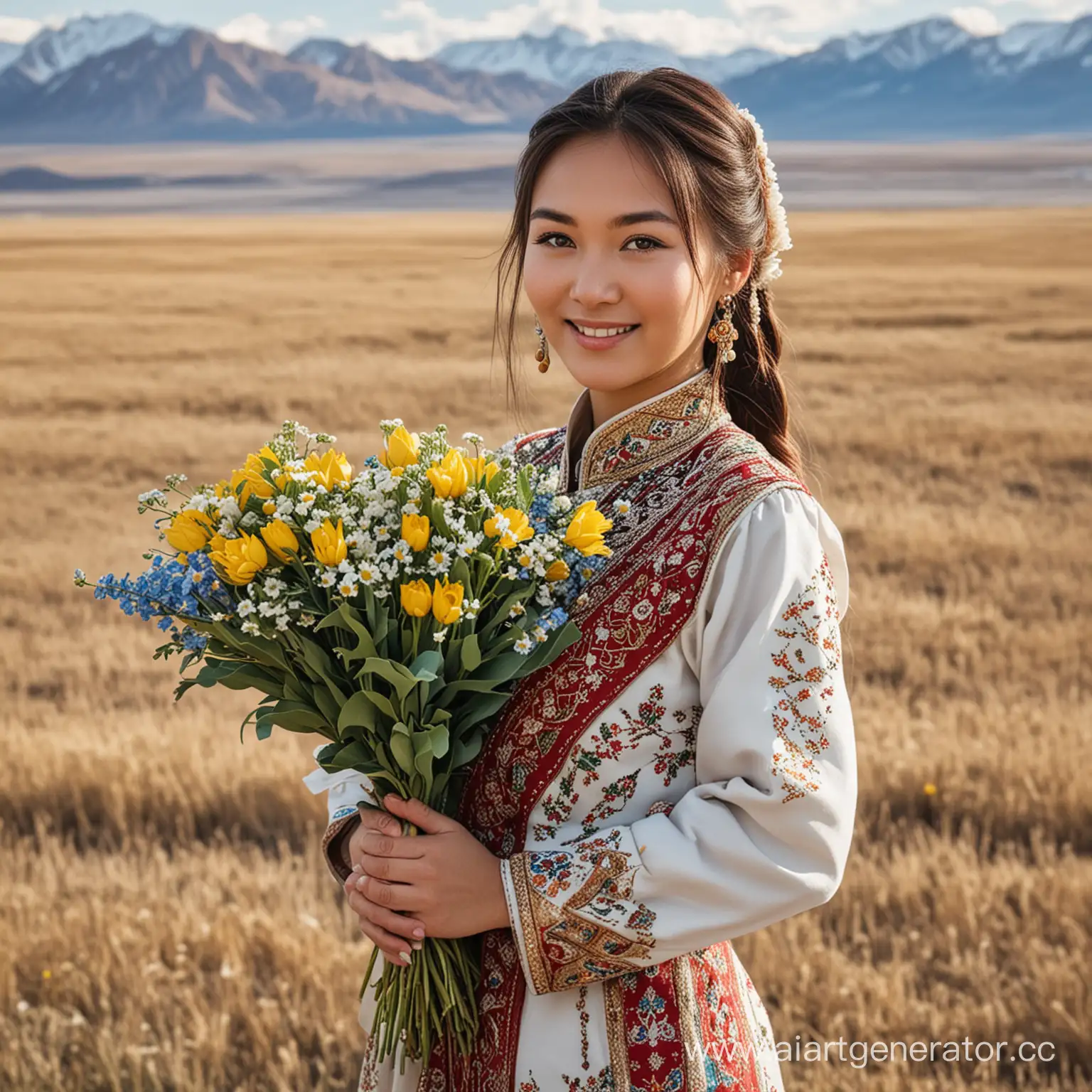 Kazakh-Girl-Holding-Bouquet-of-Flowers-in-Traditional-Dress