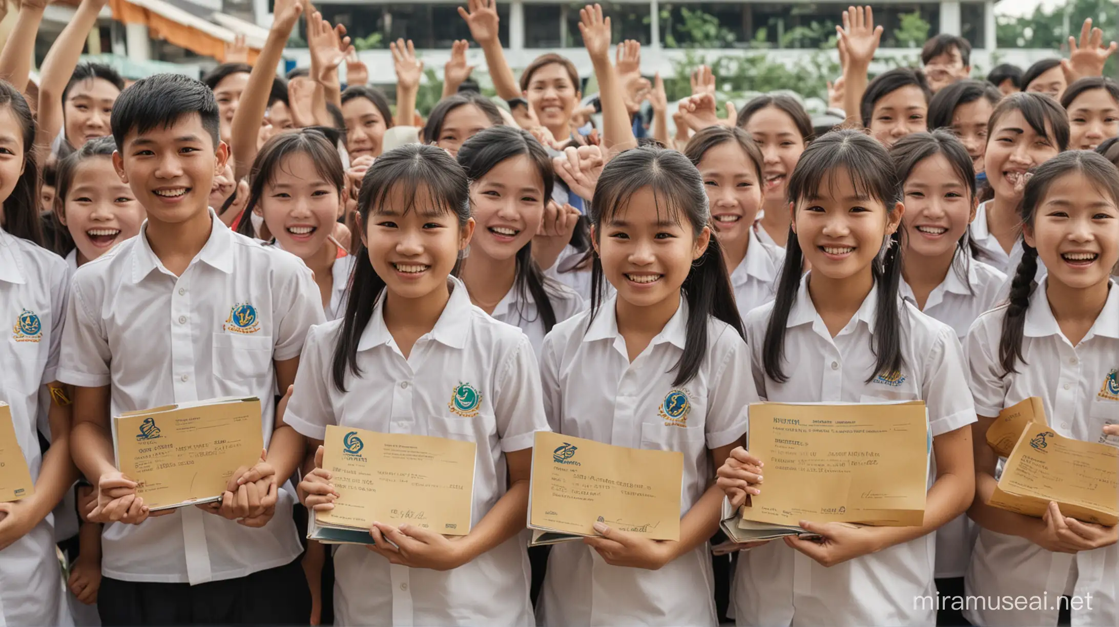 Vietnamese elementary school children, a boy and a girl, won the Summer Arena competition and hold Geniebook scholarships while their parents and teachers celebrate their victory.Fine-tune all faces