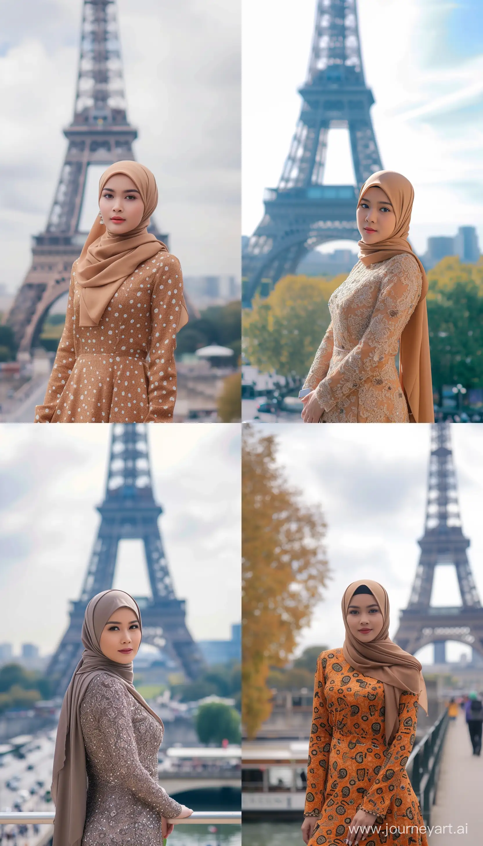 Stunning young Indonesian woman wearing hijab dress standing, eiffle tower background, high quality photography, full shot --ar 4:7 --v 6