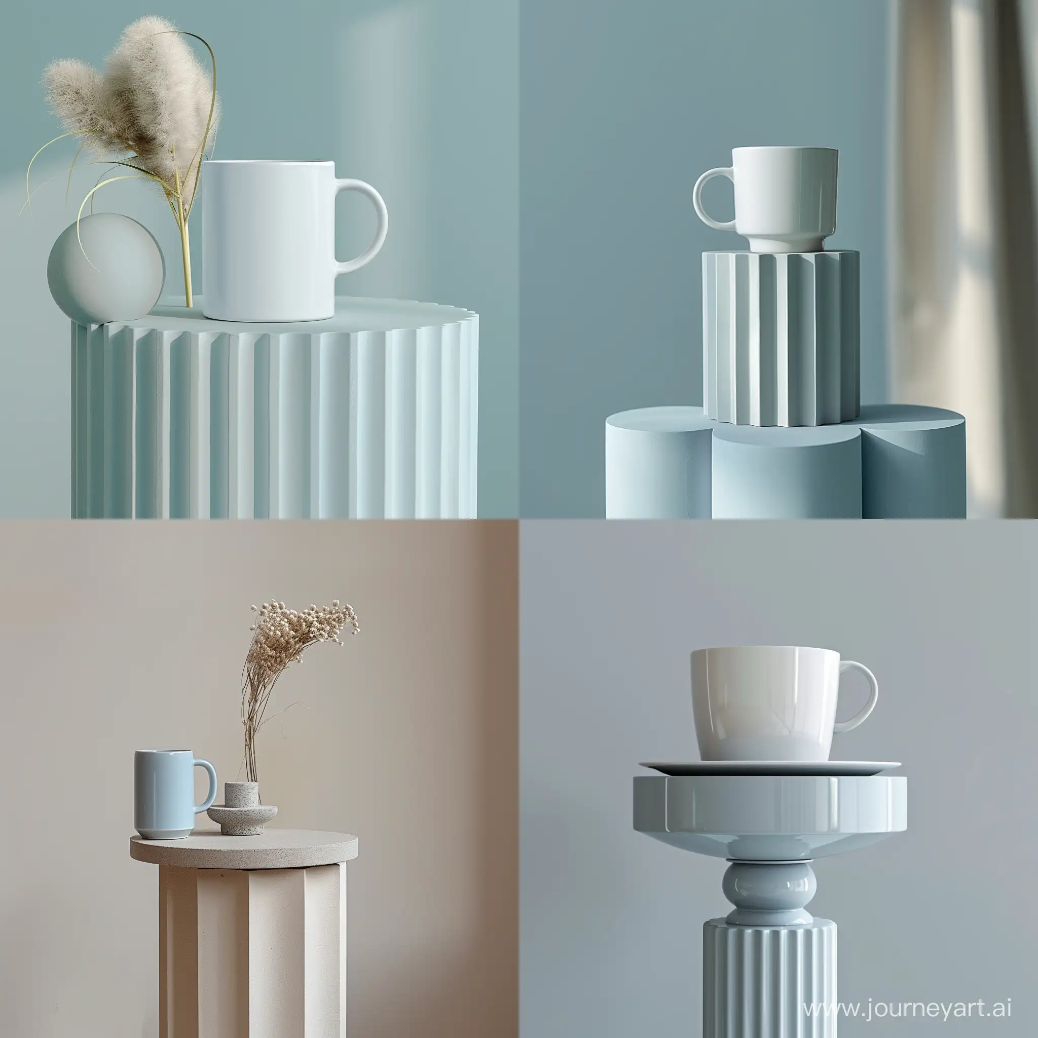 A whit mug mockup on top of a minimalist sculpture, soft blue color, still life --s 100