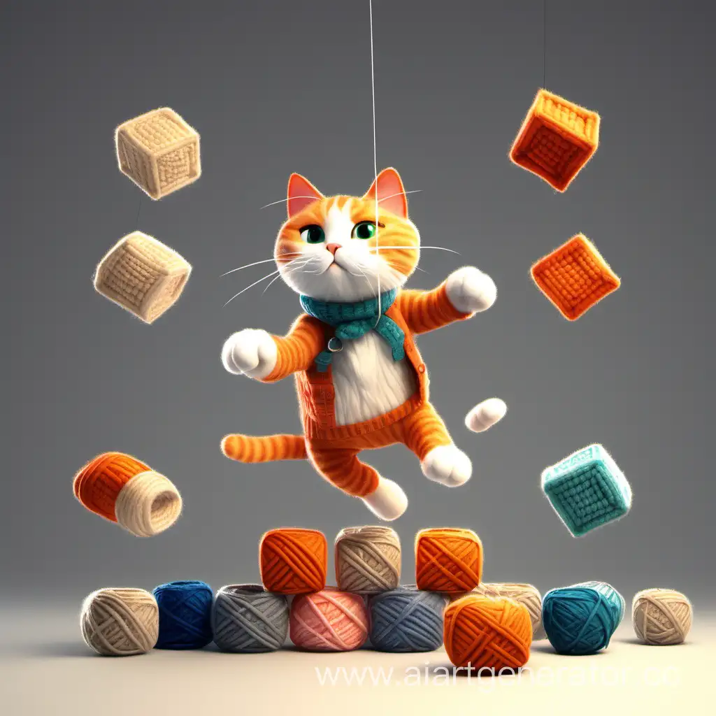 квадратная кошка прыгает вокруг кубиков шерсти