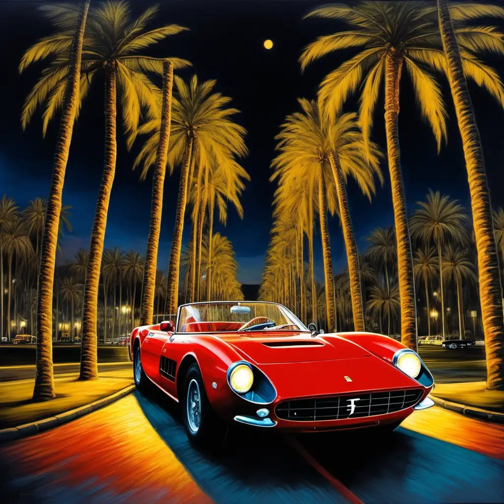 Painting of a old Ferrari at night with a large full circle behind and beautiful palmtrees 