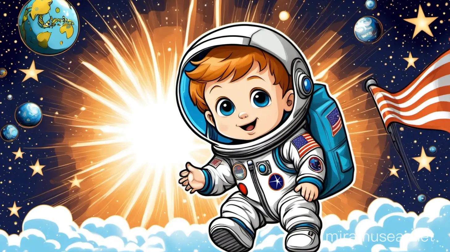 An animated baby boy with short light brown hair  and in an astronaut suit, he has blue eyes, he is floating around the sun, he has a flag with the number one on it, his name is Trip, it is his birthday