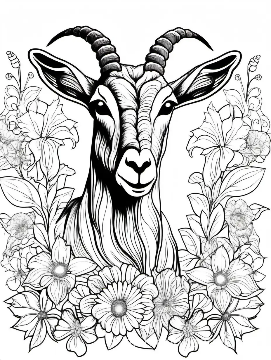 Goat-in-Flowers-Coloring-Page-for-Adult-Women-Black-and-White-Line-Art