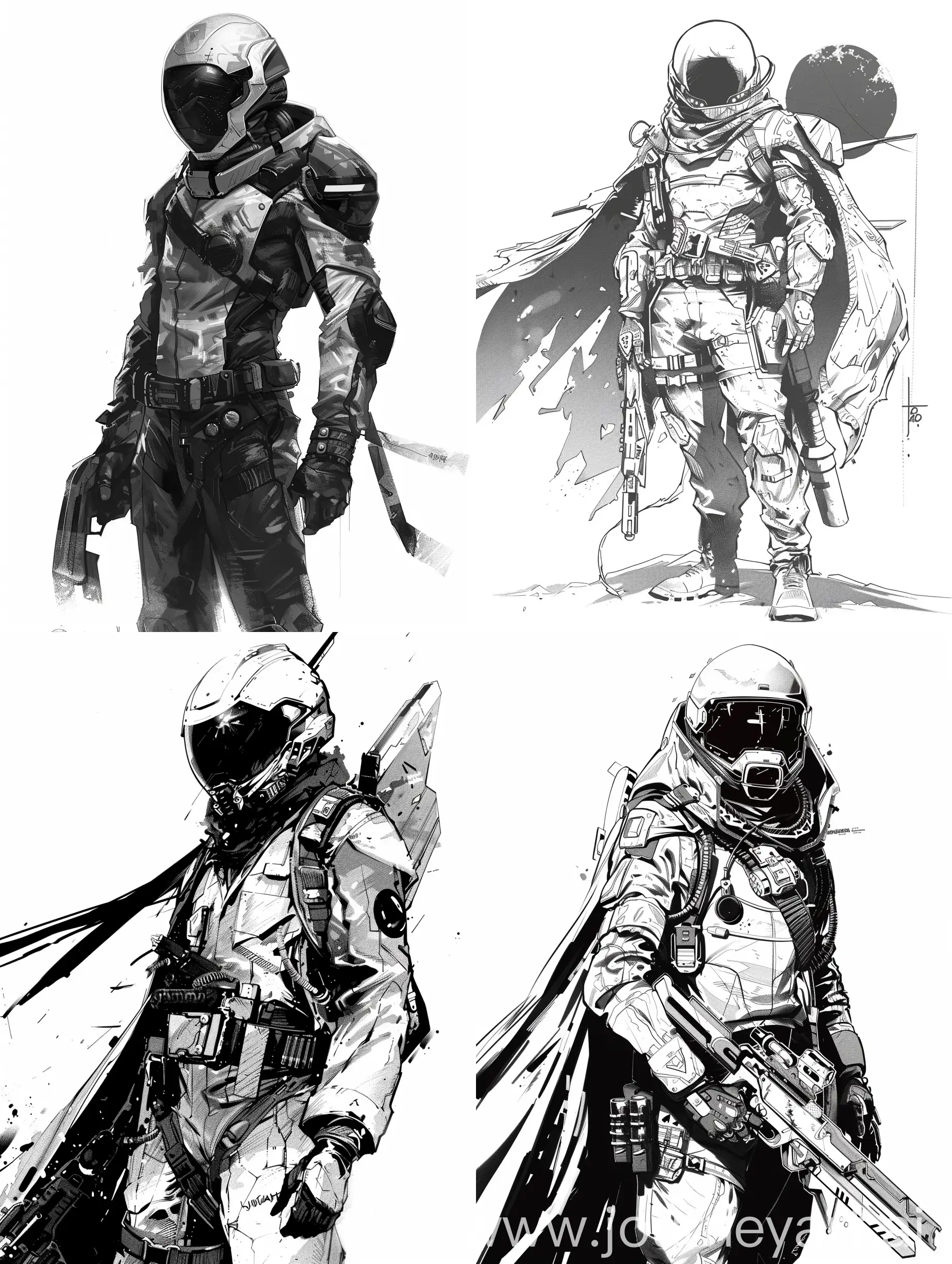 black and white manga art, epic pose, sci fi baunty reaper hunter, male, helmet pilot