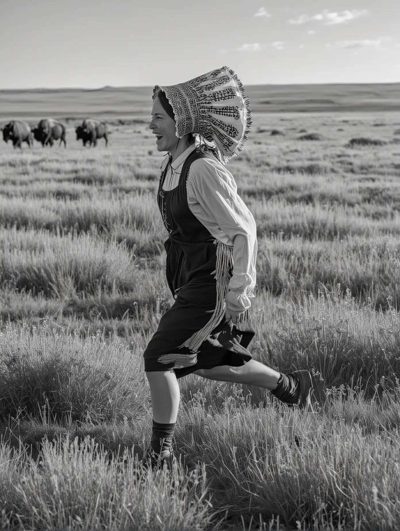 Pioneer Woman Running Through BuffaloFilled Prairie in Black and White