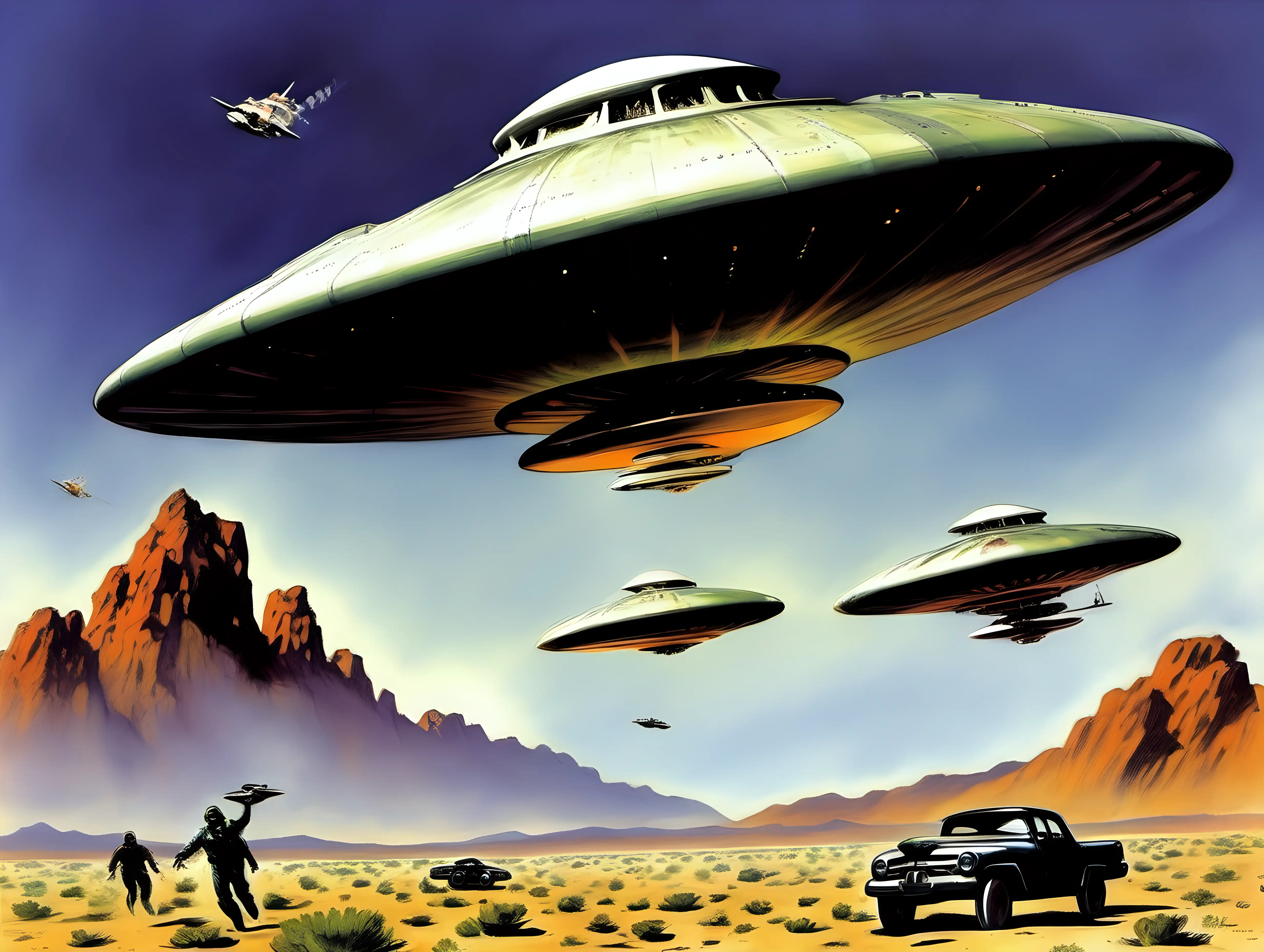 American aircraft chasing UFO's over Area 51 Frank Frazetta style