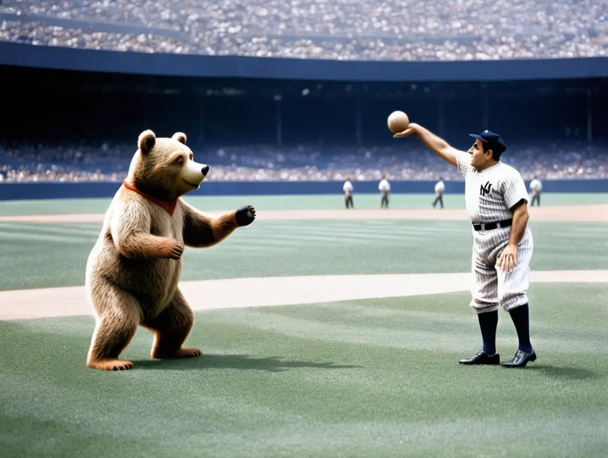 Yogi the Bear in NYY uniform and Yogi Berra playing catch in Yankee Stadium 1951