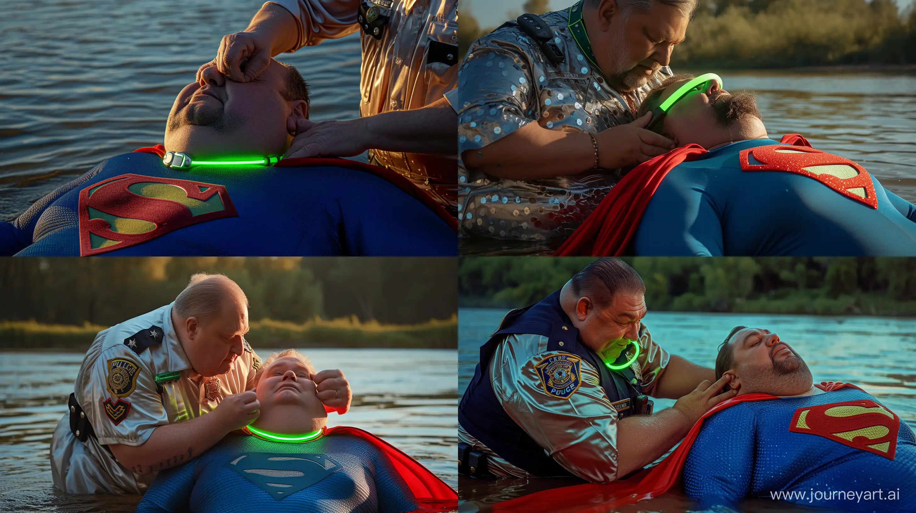 Close-up photo of a fat man aged 60 wearing silk police uniform. Bending and putting a tight green glowing neon dog collar on the nape of a fat man aged 60 wearing a tight blue 1978 superman costume with a red cape lying in the water. Natural Light. River. --style raw --ar 16:9