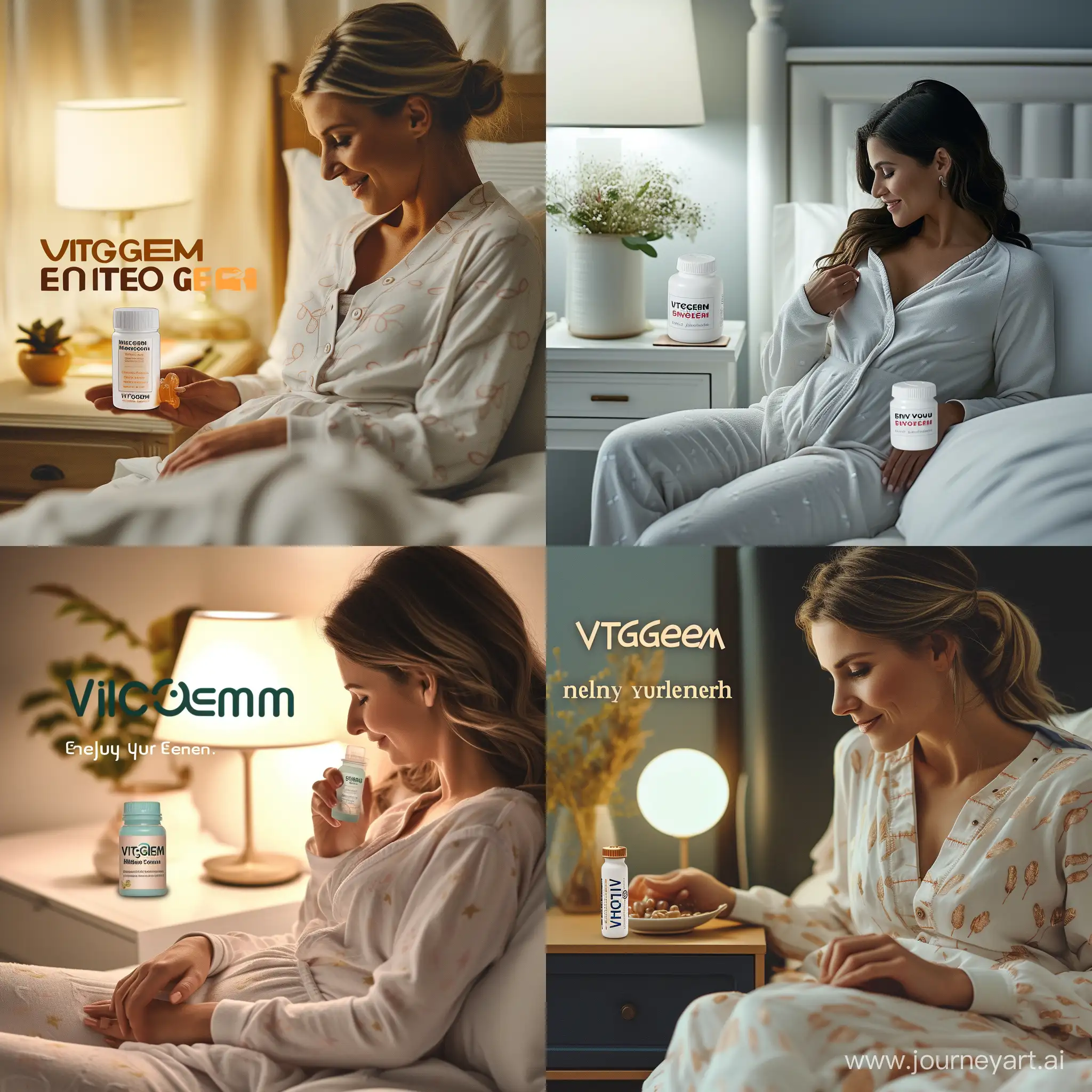 Create an image illustrating a serene evening routine. Picture a buetiful woman in comfortable pajamas settling into bed, a bottle of 'VITGEM Melatonin Gummies' resting on a nearby nightstand, hinting at a night of restful sleep. The setting should exude warmth and tranquility, inviting relaxation. Overlay the scene with the gentle reminder to 'Enjoy Your Evening' 