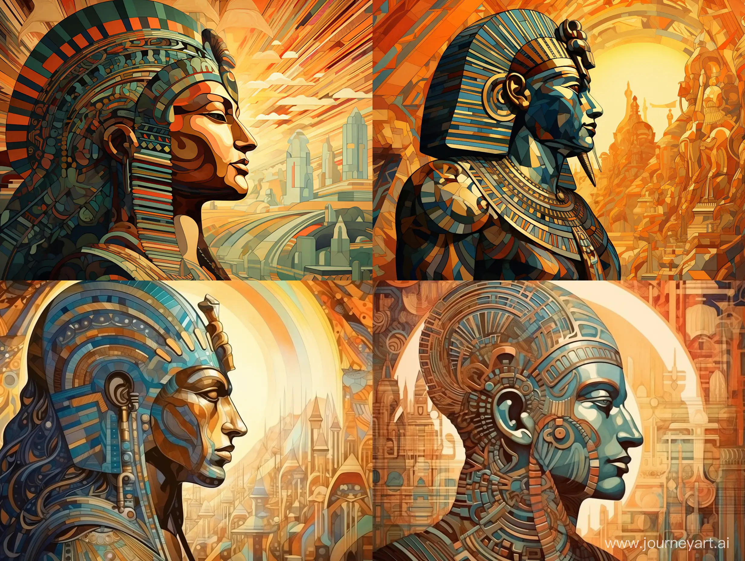 King Ramses of ancient Egypt, in profile, central portrait, ancient civilization, against the background of the pattern of the ancient city of Memphis, fabulous illustration, stylized caricature, Victo Ngai, watercolor, decorative, flat drawing.
