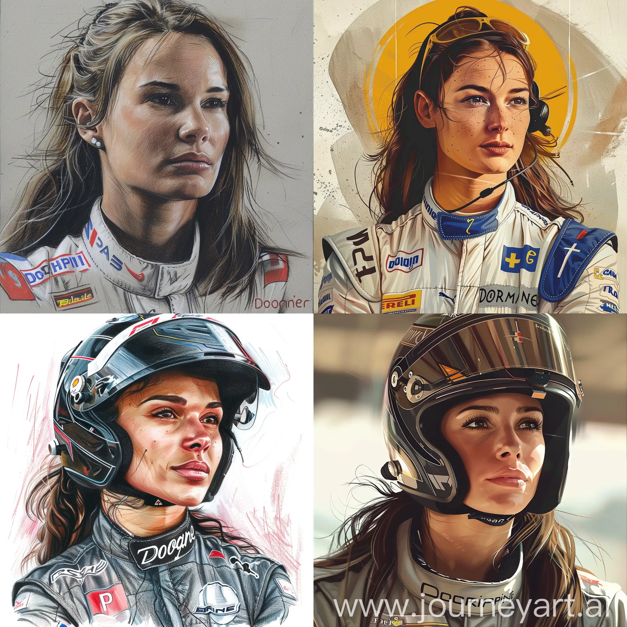 A Doriane Pin, a French race driver, drawing in a christian icon style
