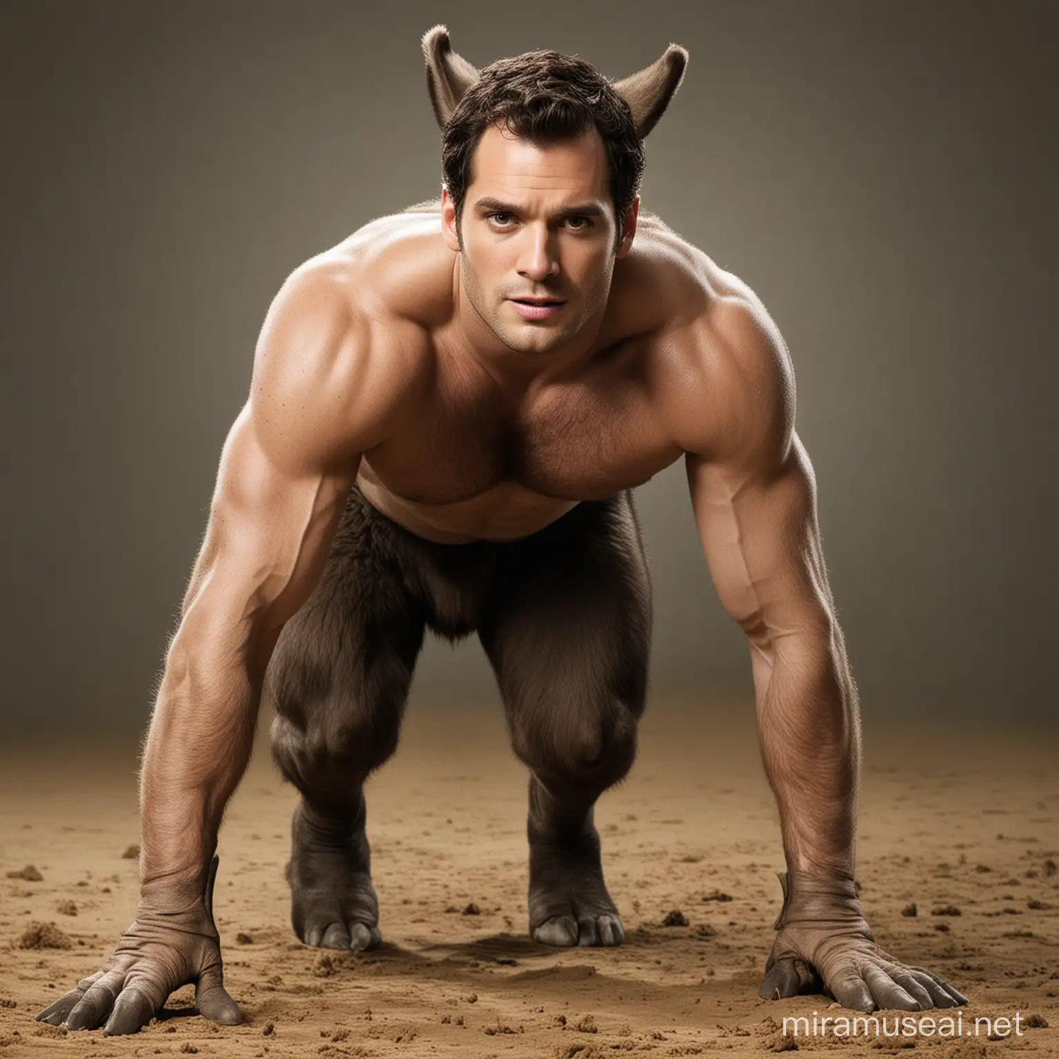 Henry Cavill on all fours transforming into a donkey. He has donkey ears. He has donkey legs. He has donkey hooves. He has a donkey tail. He has a complete donkey body and braying like a donkey. But his head is human.